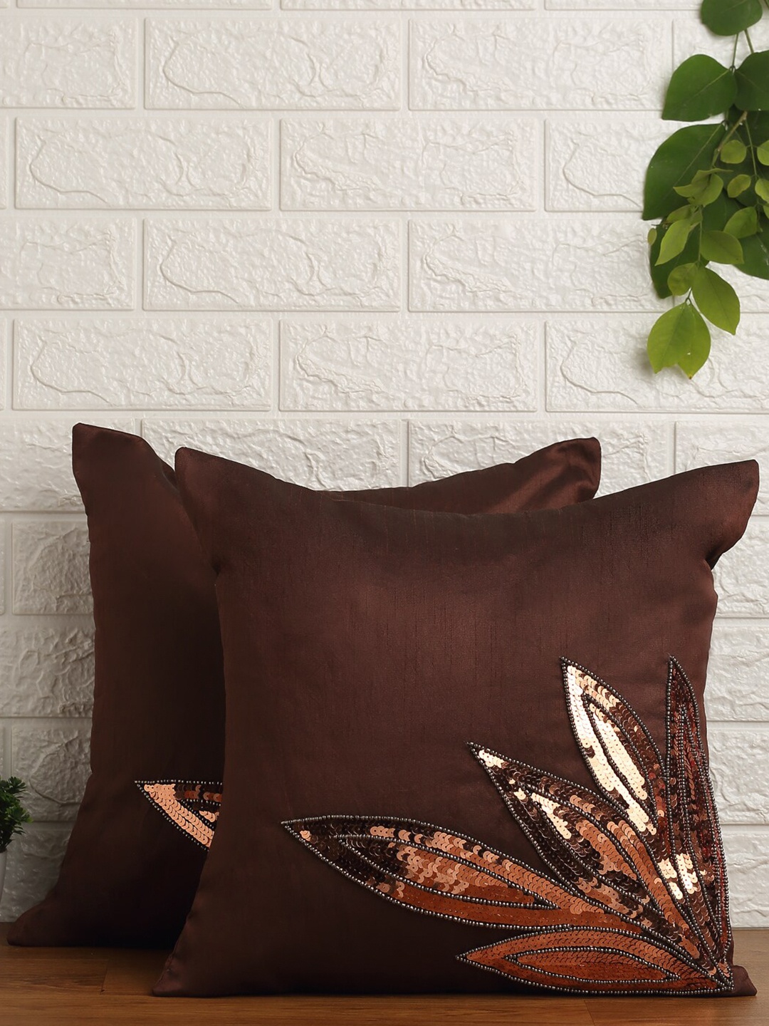 

Alina decor Brown & Black Set of 2 Embroidered Square Cushion Covers