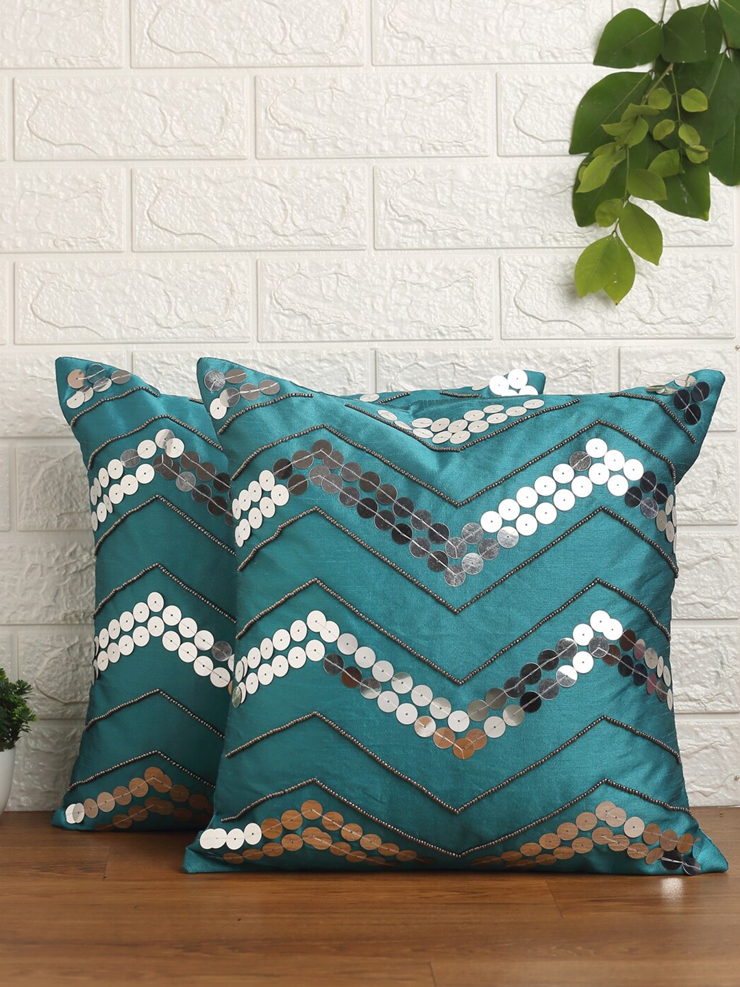

Alina decor Teal & White Set of 2 Embellished Square Cushion Covers