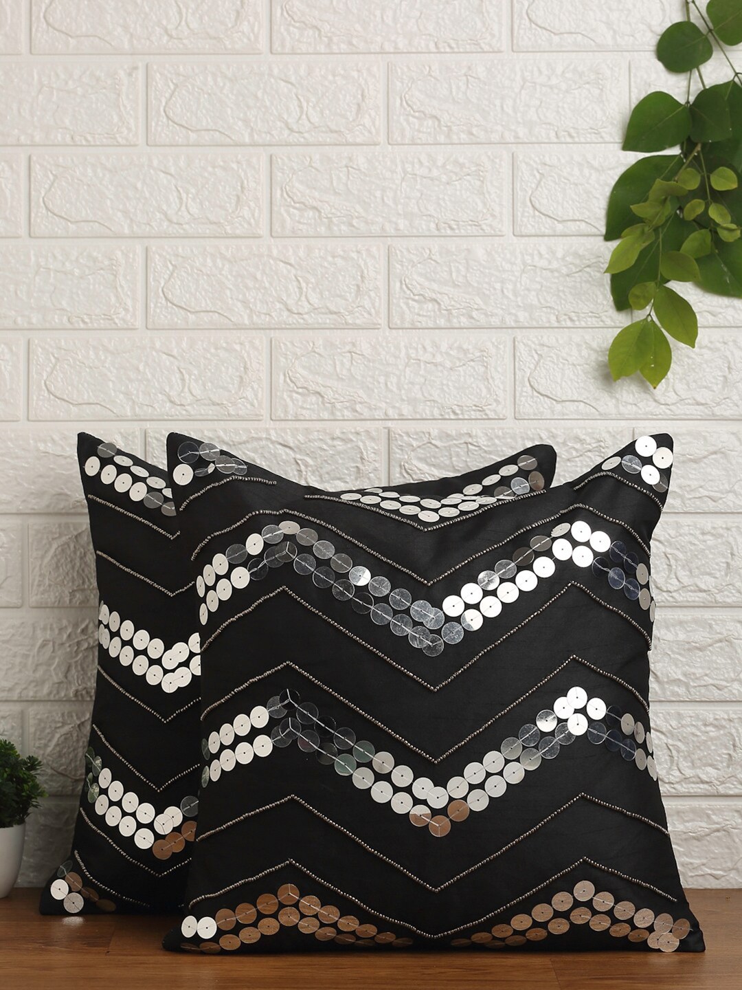 

Alina decor Black & White Set of 2 Embroidered Square Cushion Covers