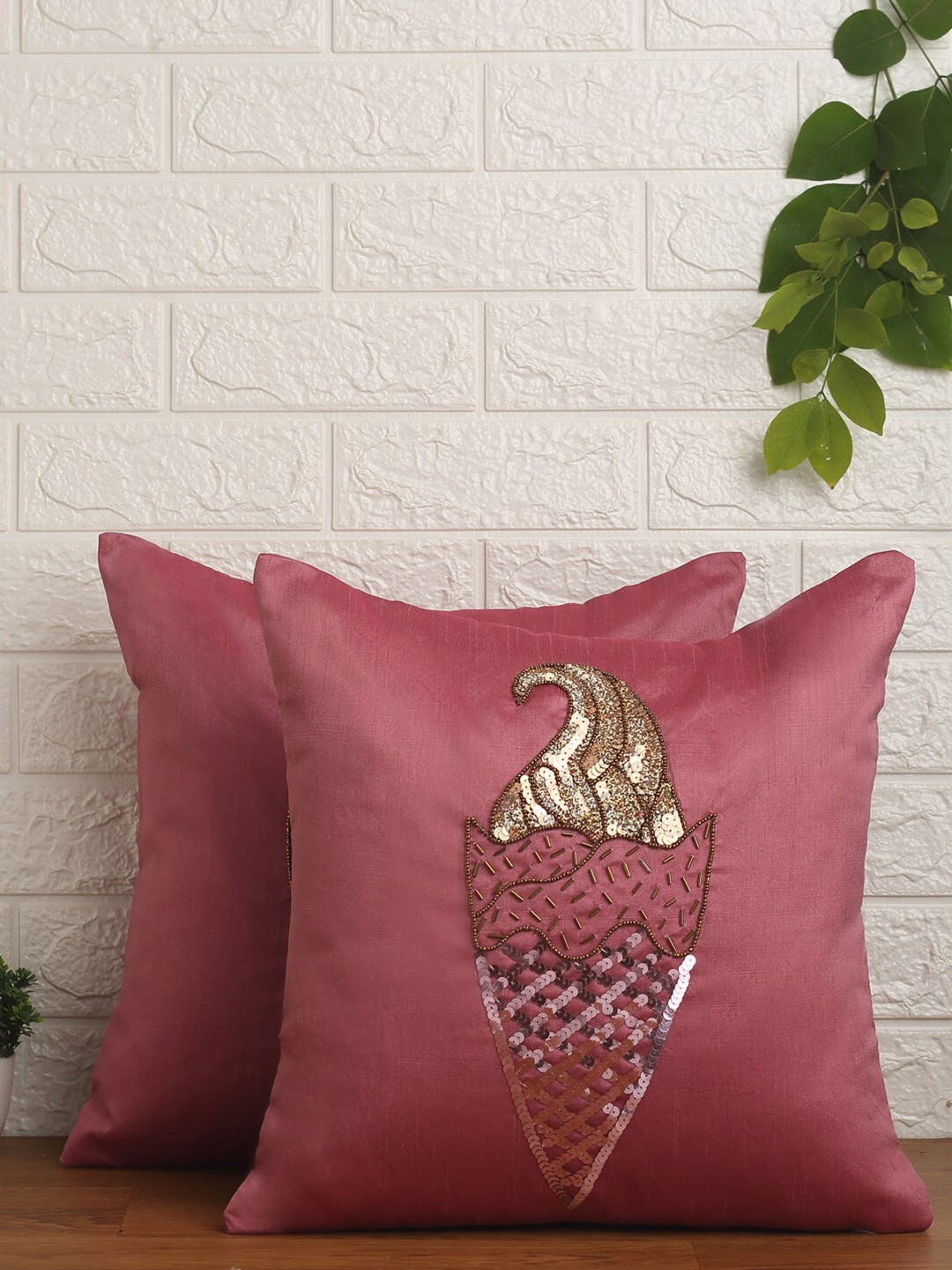 

Alina decor Pink & Gold-Toned Set of 2 Embellished Square Cushion Covers