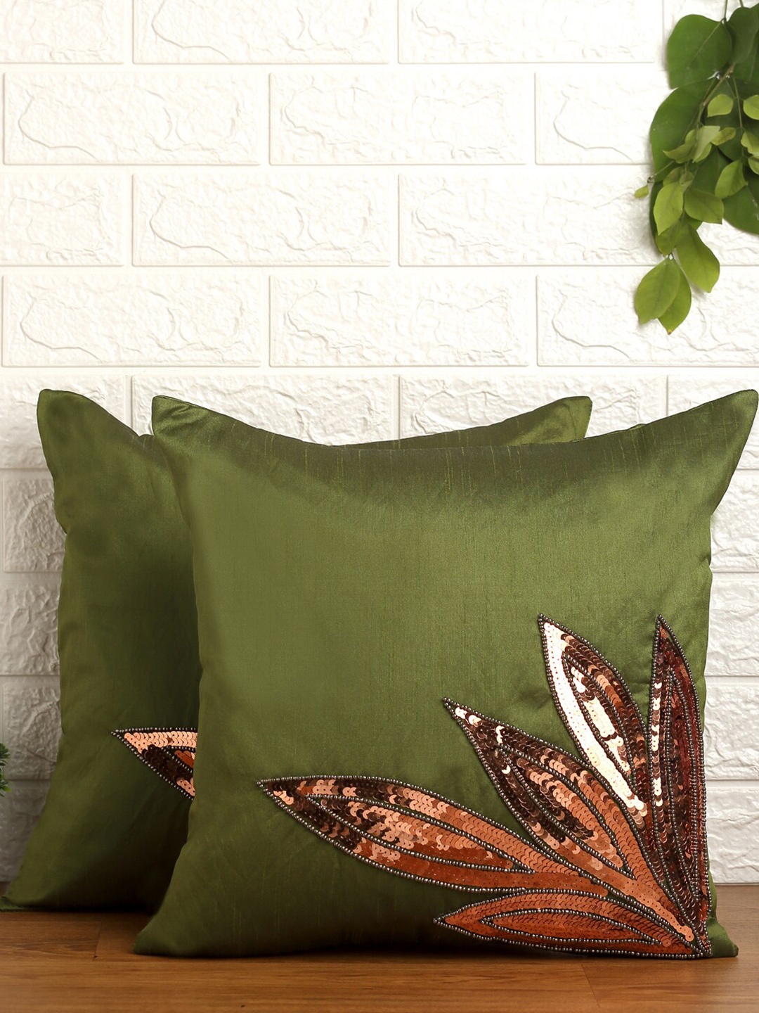 

Alina decor Green & Copper-Toned Set of 2 Embellished Square Cushion Covers