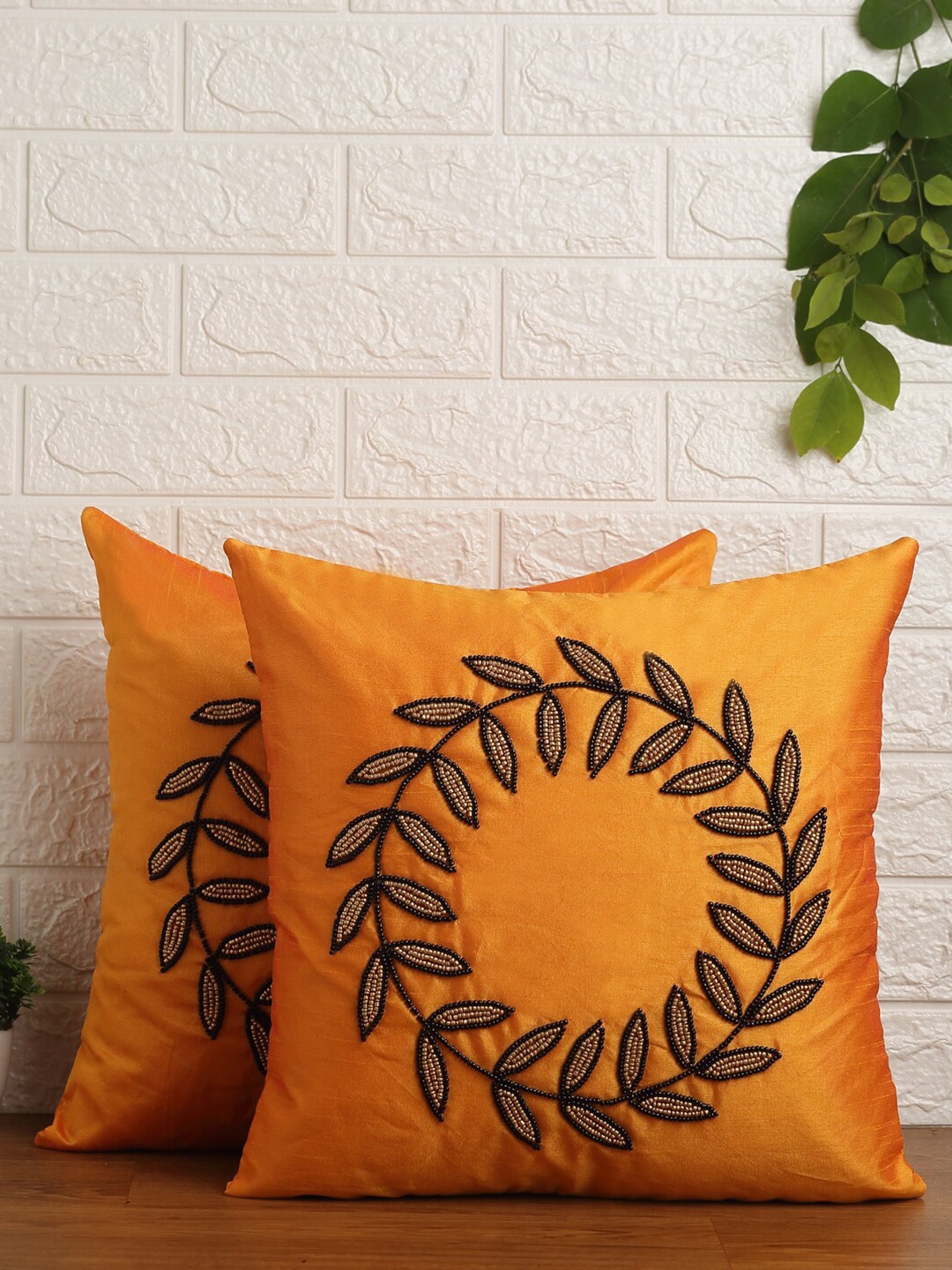 

Alina decor Orange & Black Set of 2 Embroidered Square Cushion Covers