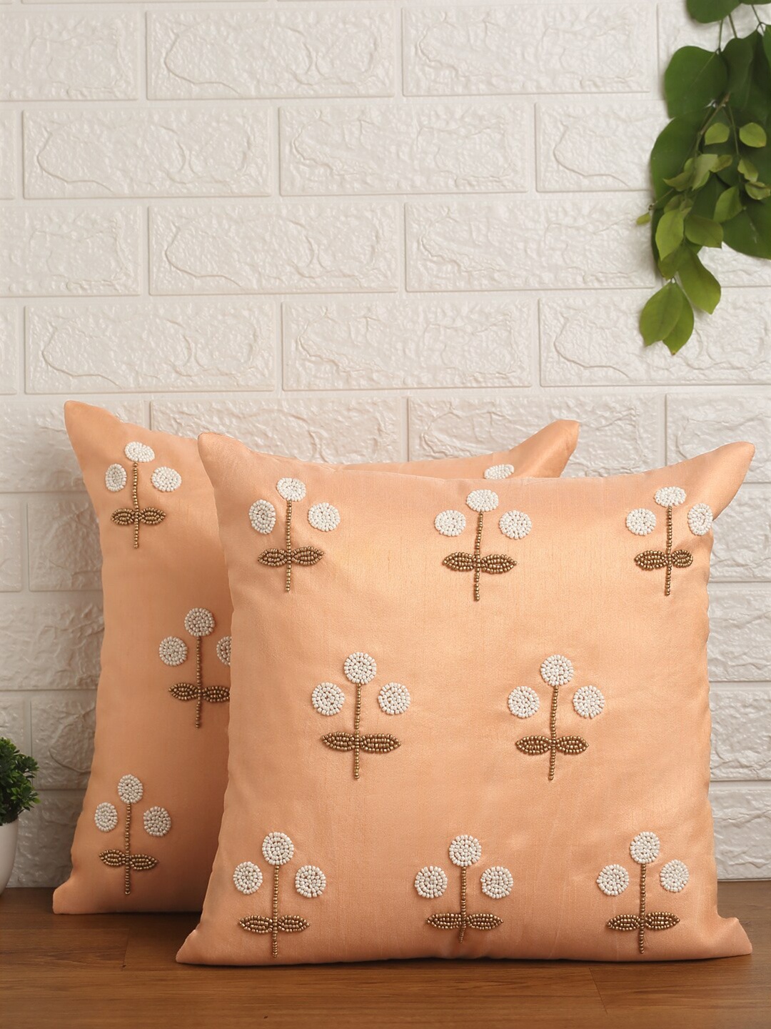 

Alina decor Set of 2 Peach-Coloured & White Embroidered Square Cushion Covers