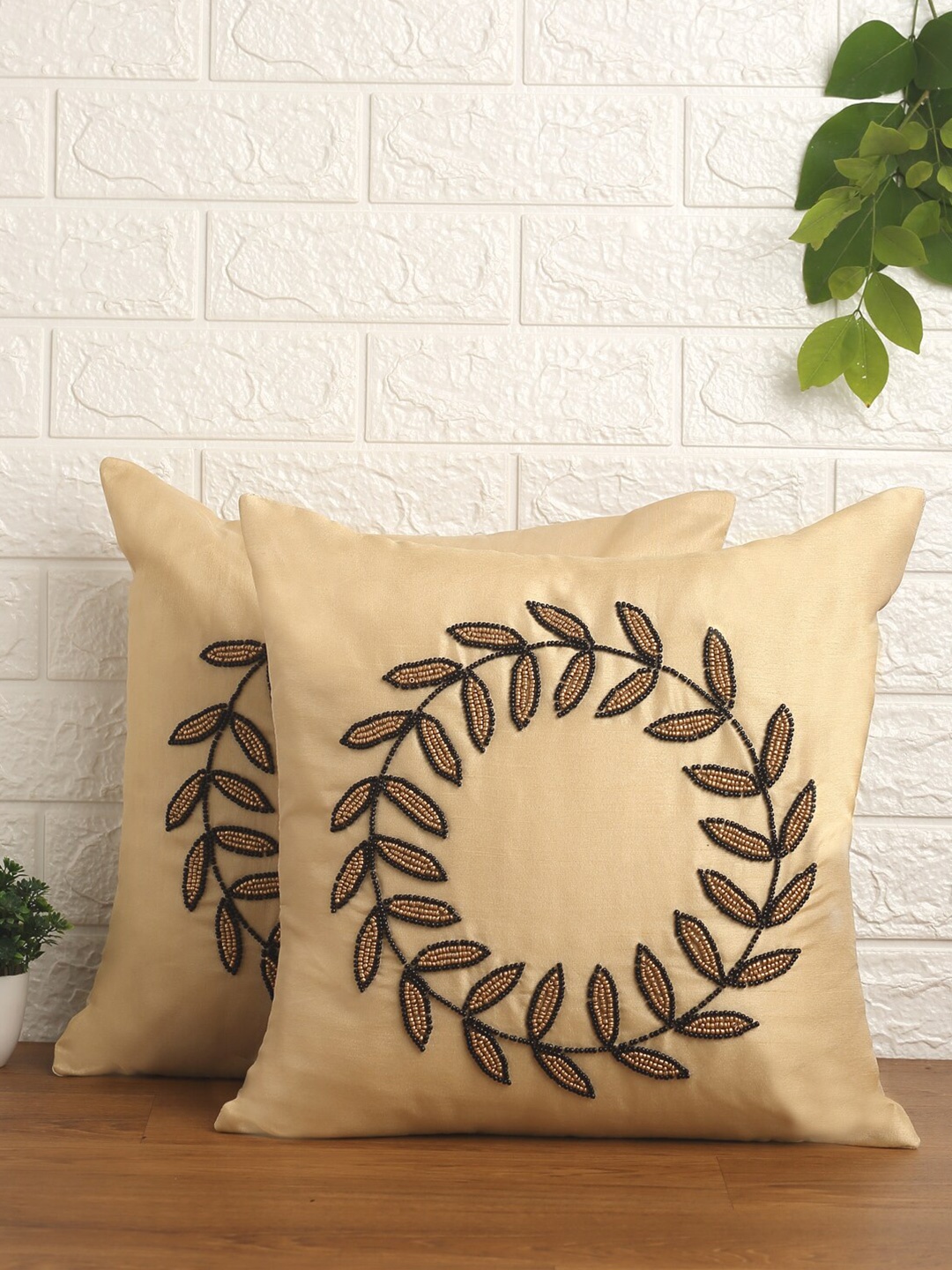

Alina decor Beige & Black Set of 2 Embroidered Square Cushion Covers