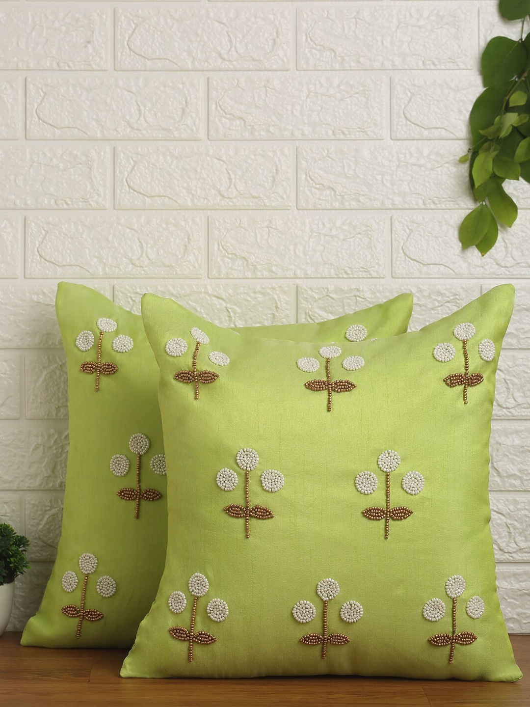 

Alina decor Green & White Set of 2 Embroidered Square Cushion Covers