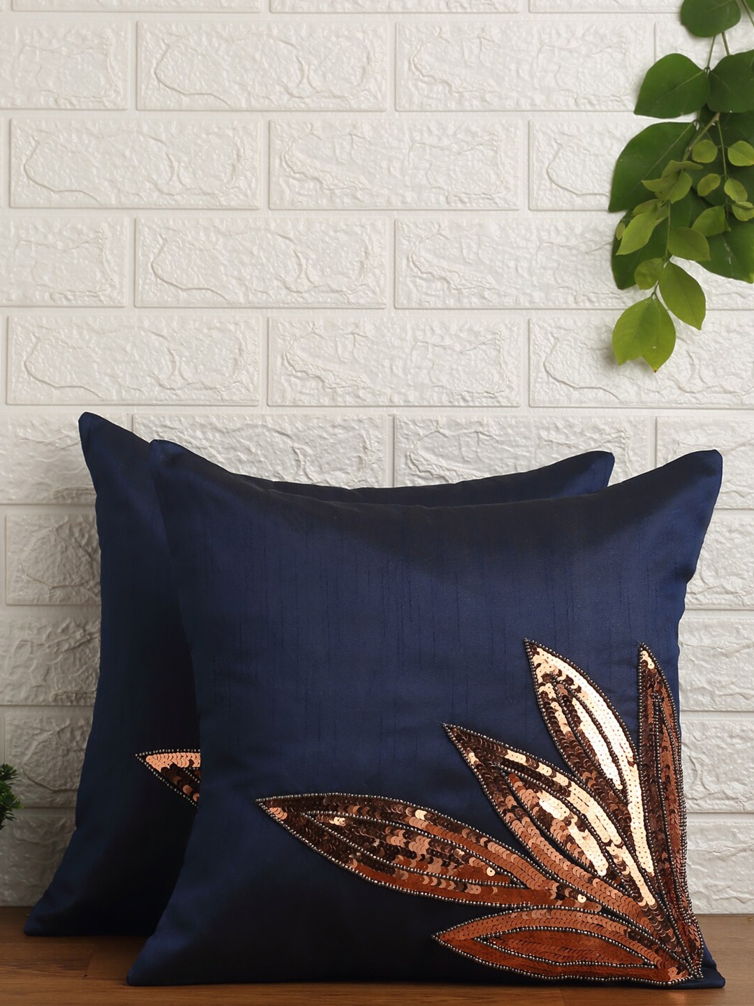 

Alina decor Navy Blue & Copper-Toned Set of 2 Embellished Square Cushion Covers