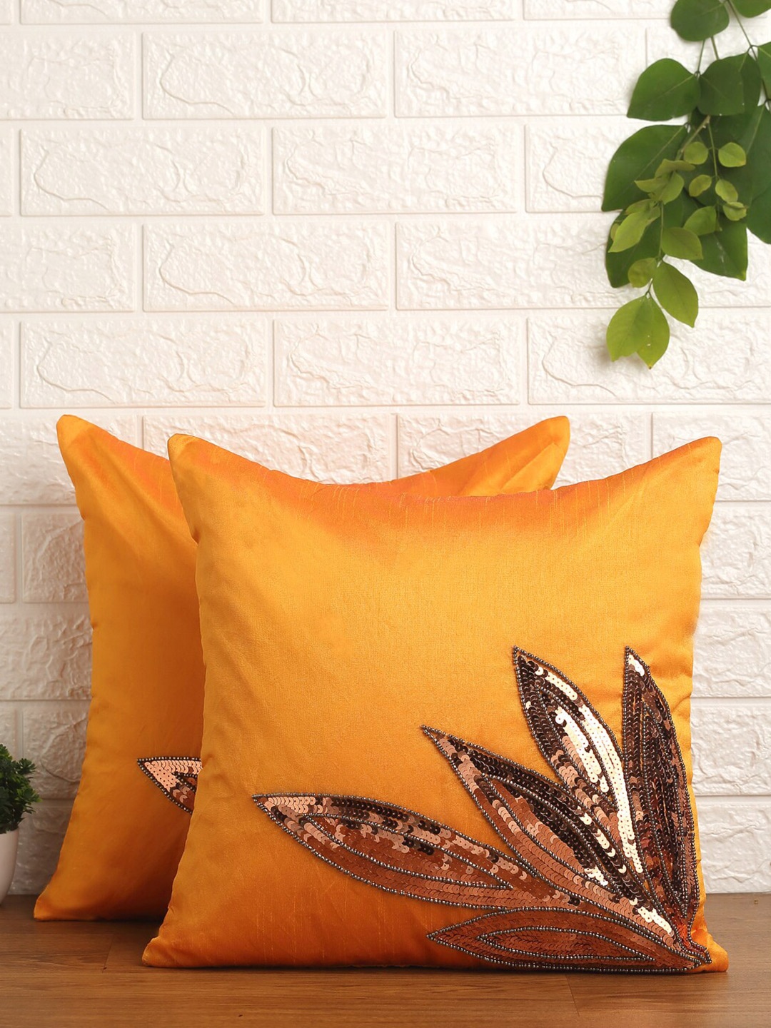 

Alina decor Yellow & Copper-Toned Set of 2 Embellished Square Cushion Covers