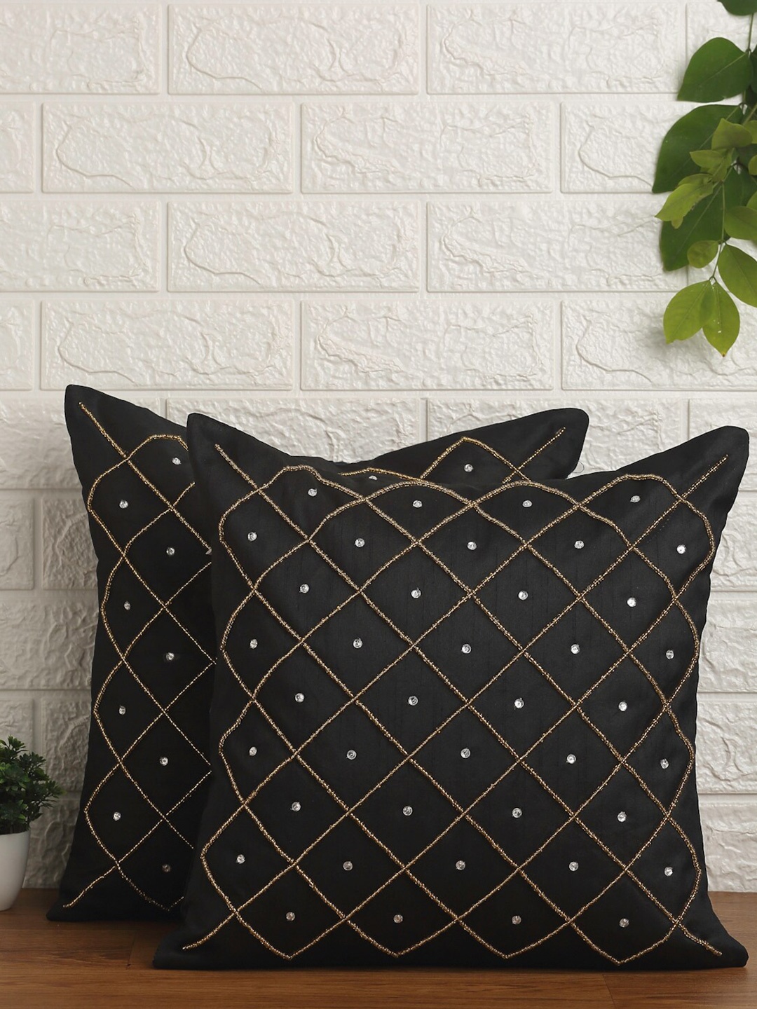 

Alina decor Black & White Set of 2 Embroidered Square Cushion Covers