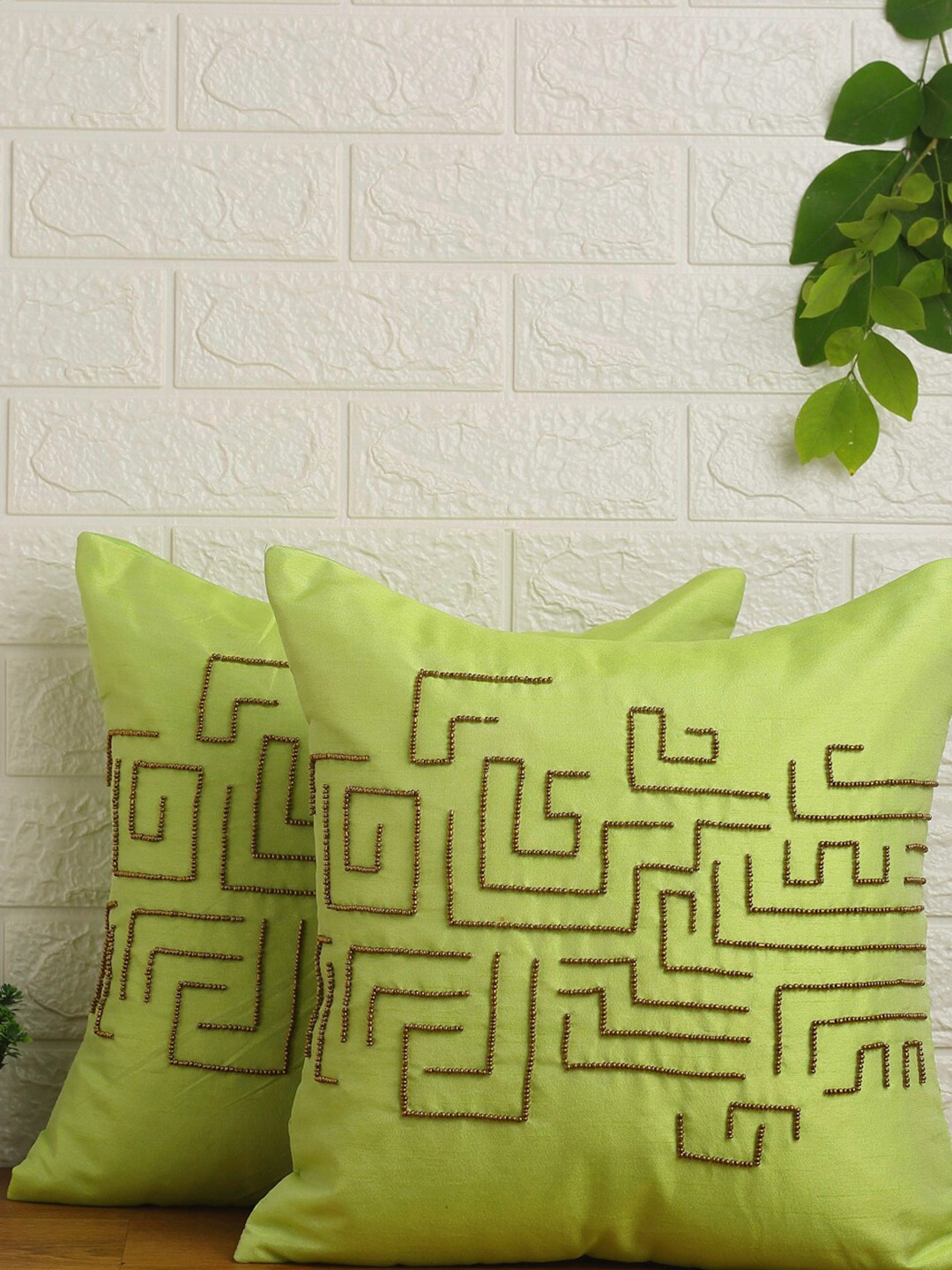 Alina decor Green Set of 2 Embellished Square Cushion Covers