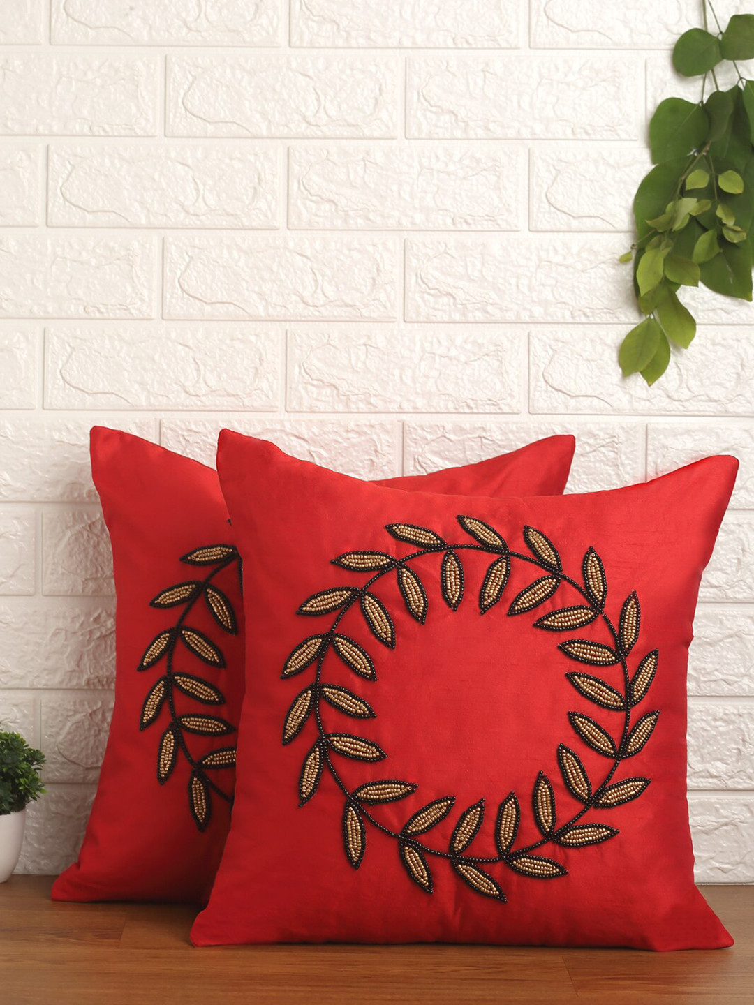 

Alina decor Red & Black Set of 2 Embroidered Square Cushion Covers