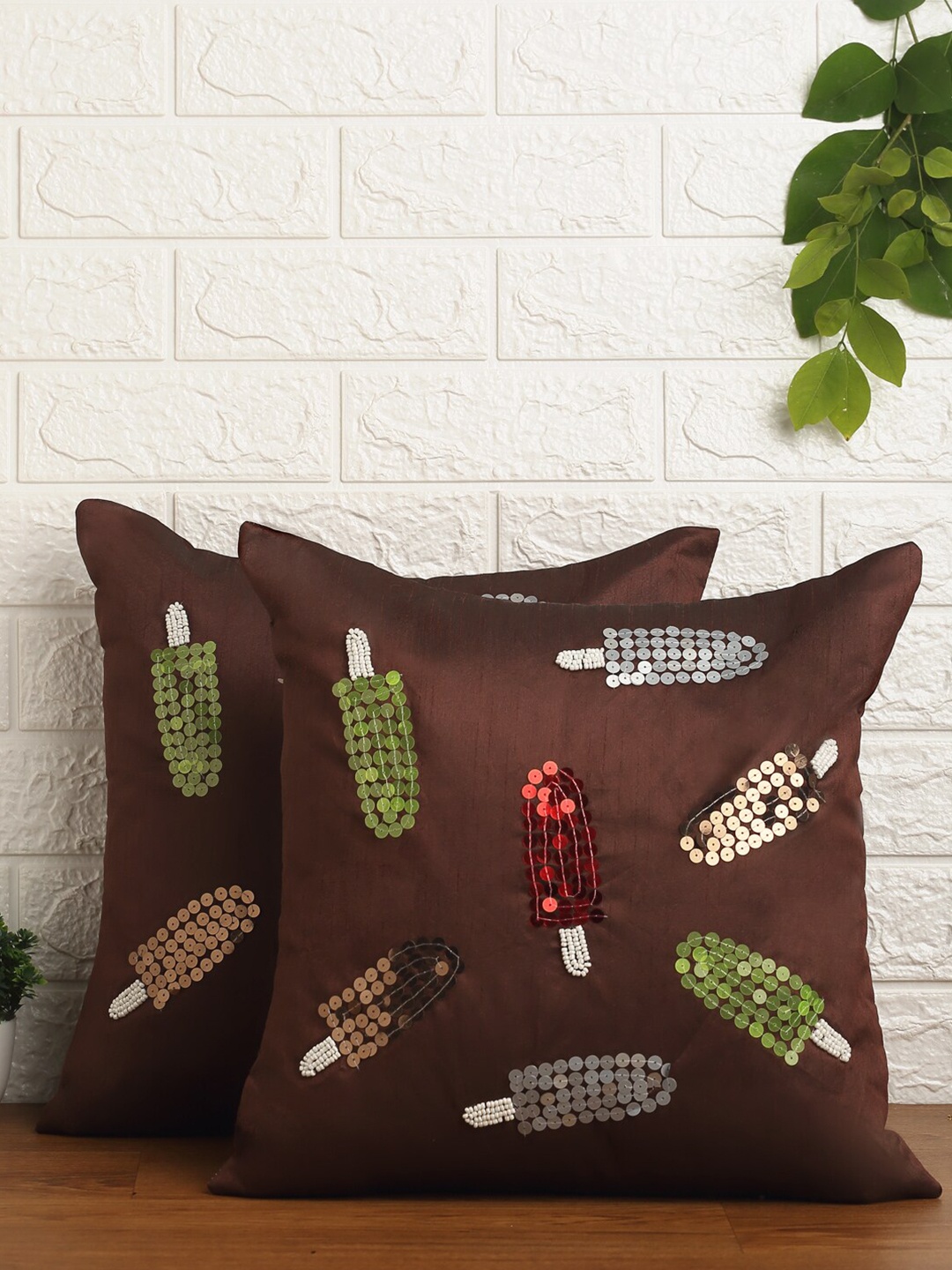 

Alina decor Brown & Green Set of 2 Embellished Square Cushion Covers