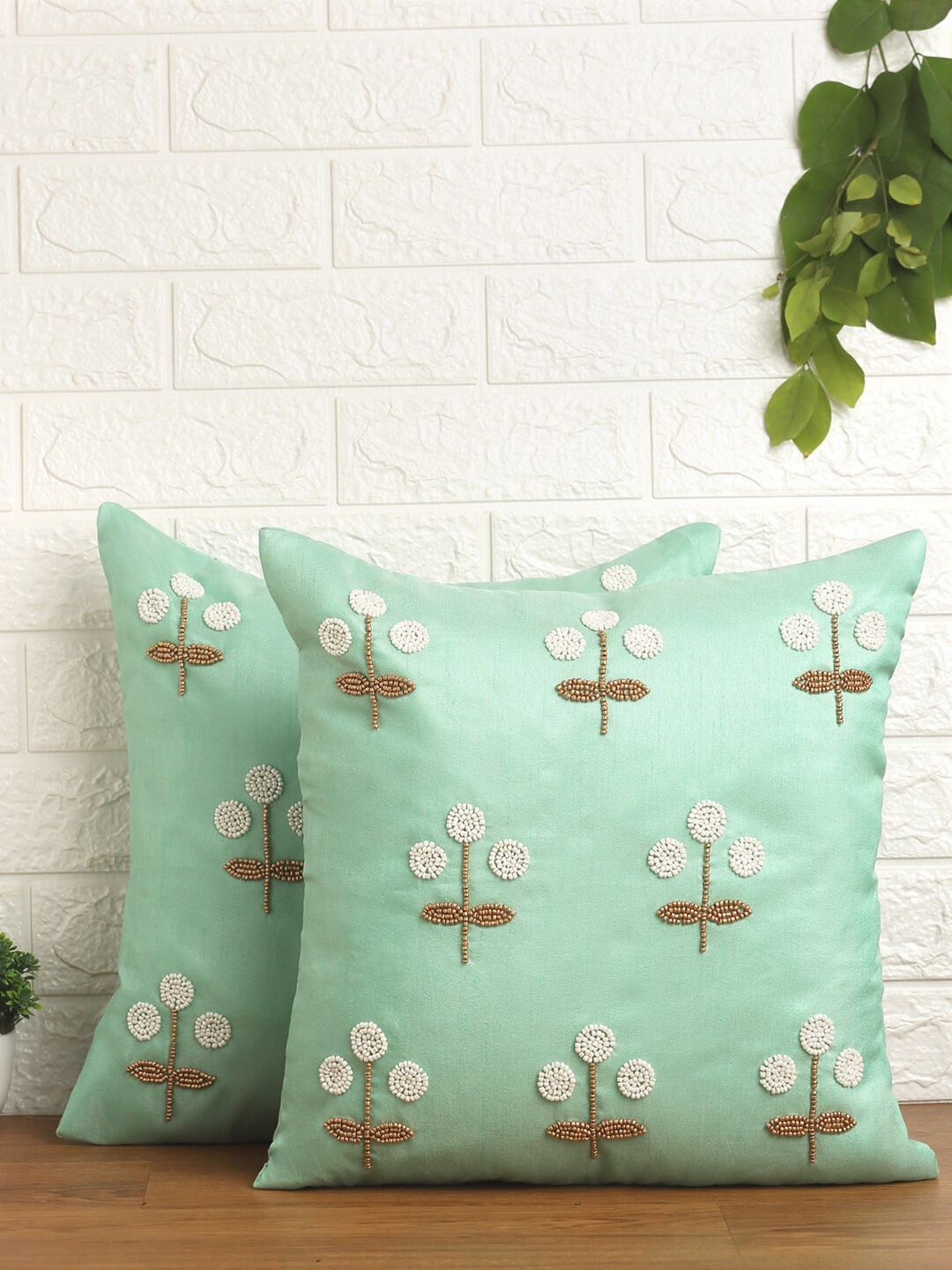 

Alina decor Sea Green & White Set of 2 Embroidered Square Cushion Covers
