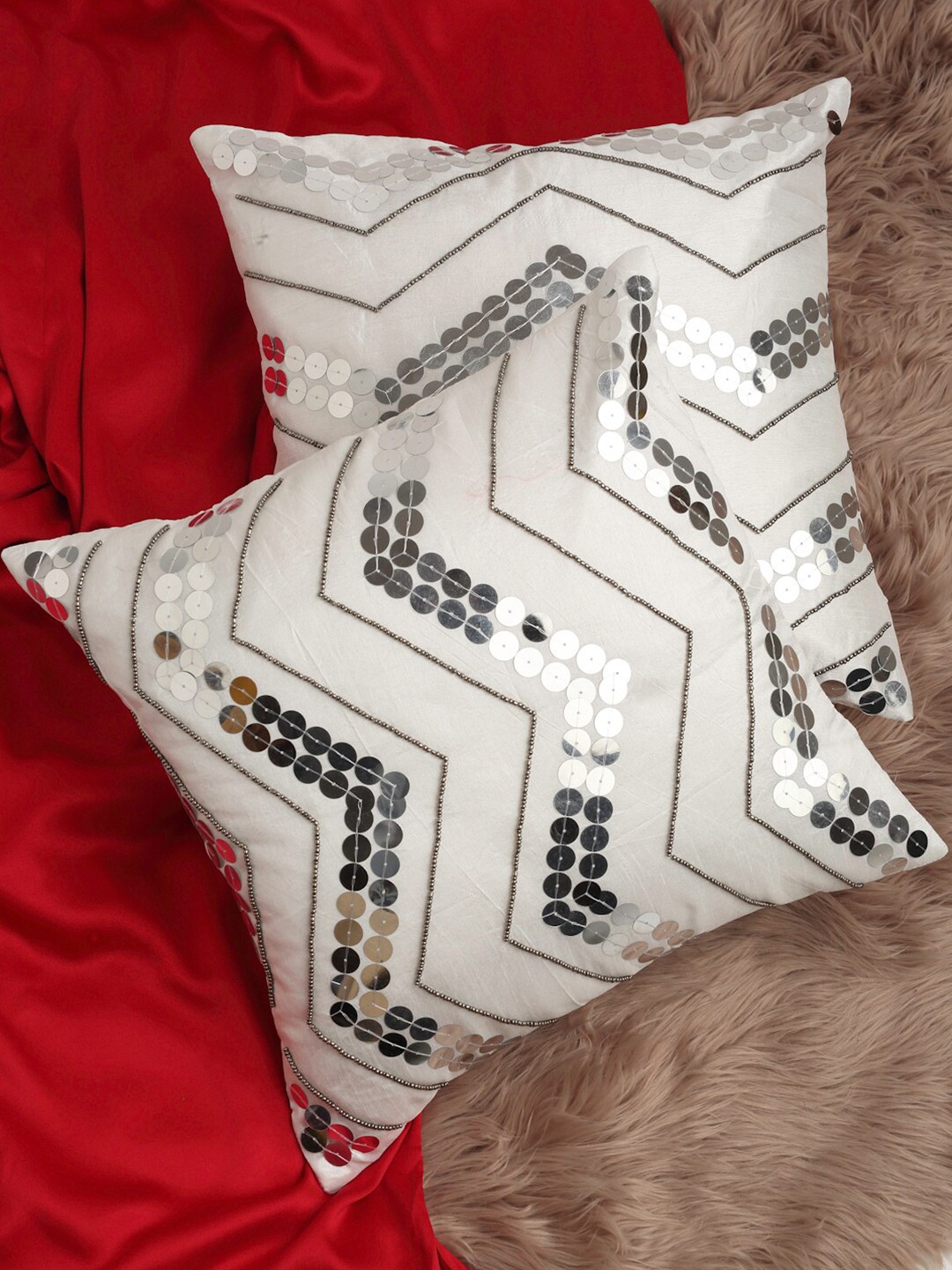 

Alina decor Grey & Silver-Toned Set of 2 Embellished Square Cushion Covers