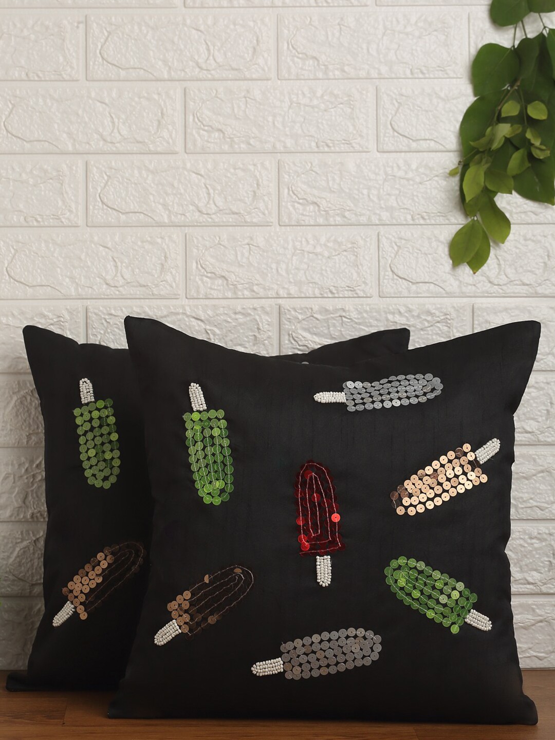 

Alina decor Black & Green Set of 2 Embellished Square Cushion Covers