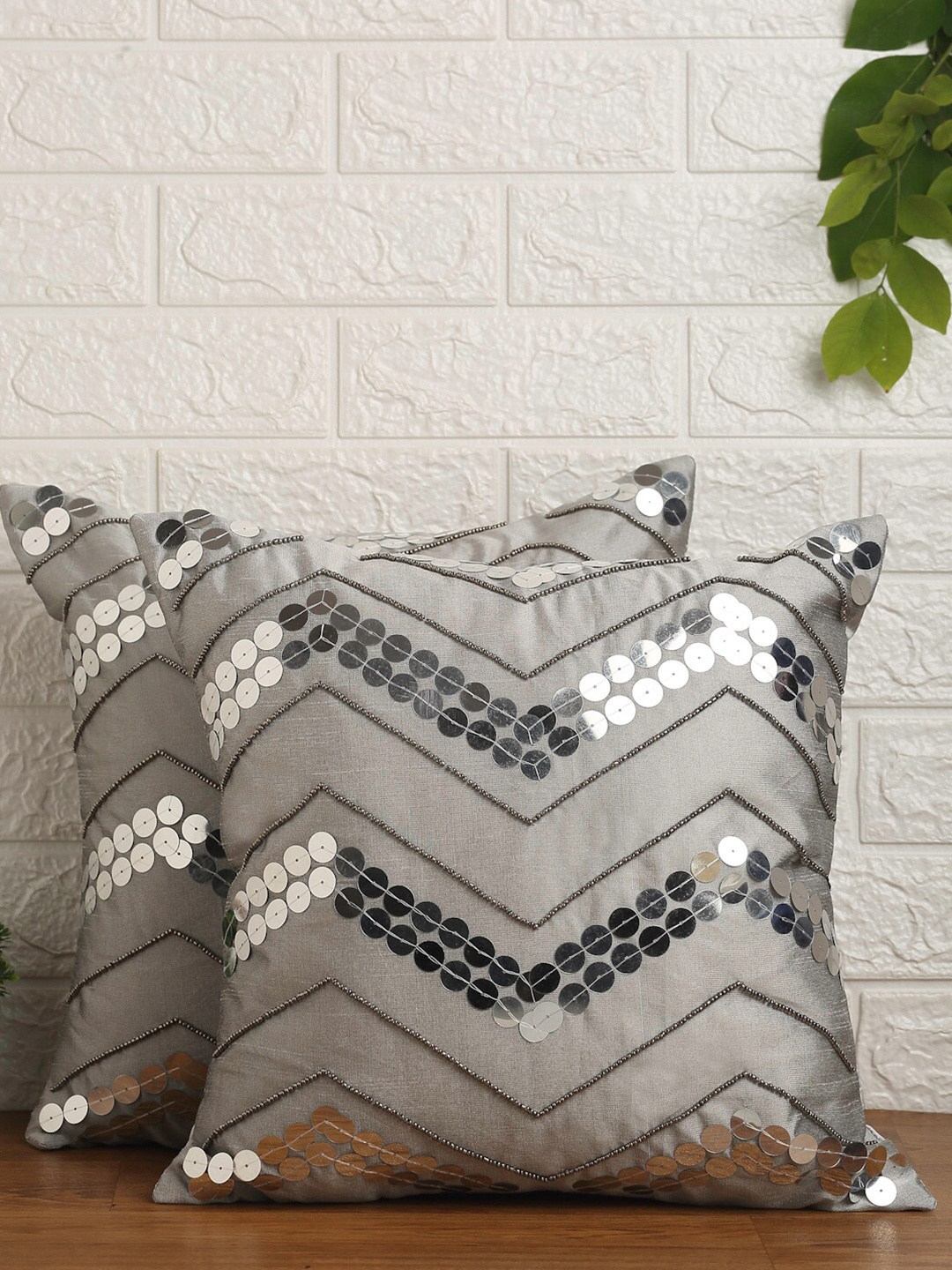 

Alina decor Grey & Silver-Toned Set of 2 Embellished Square Cushion Covers