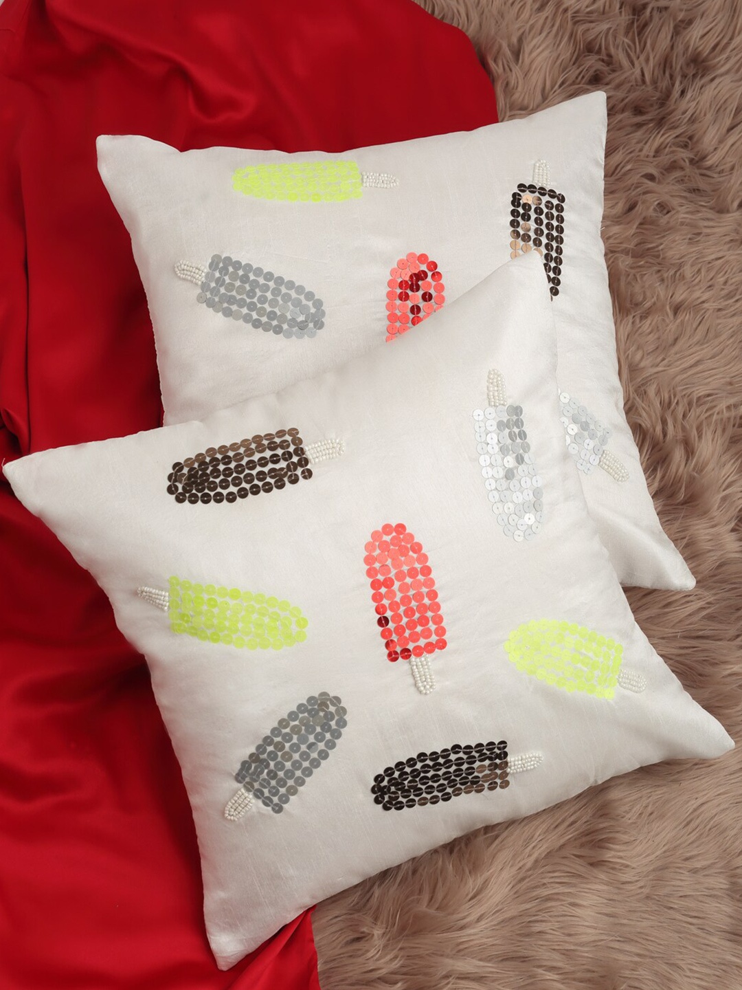 

Alina decor White & Grey Set of 2 Embellished Square Cushion Covers