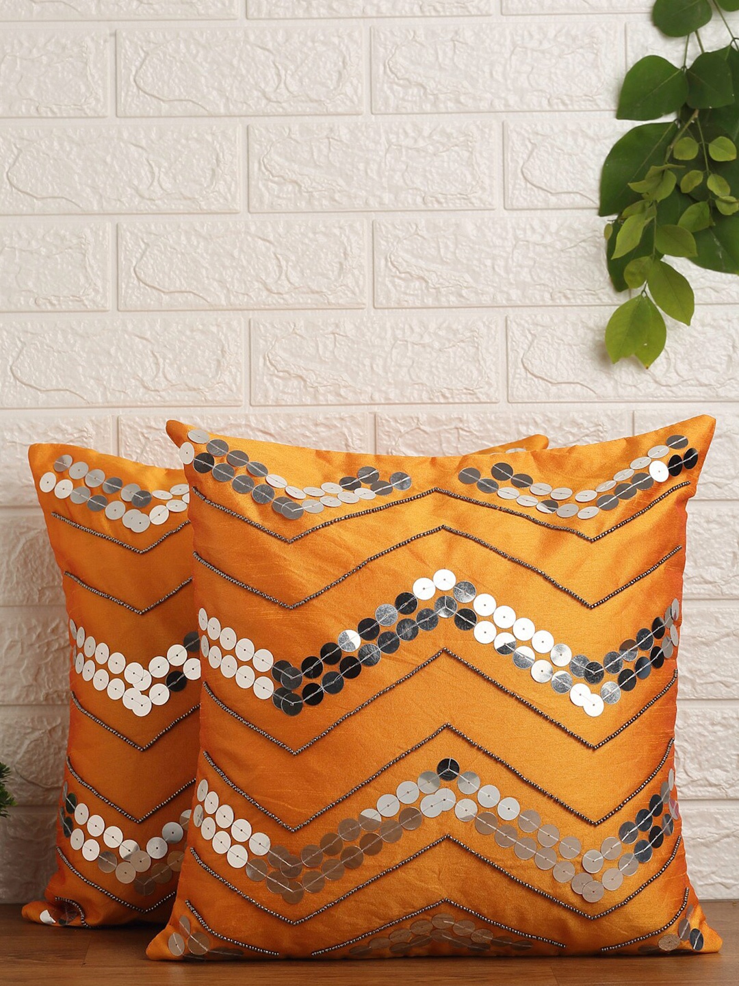 

Alina decor Yellow & Silver-Toned Set of 2 Embellished Square Cushion Covers
