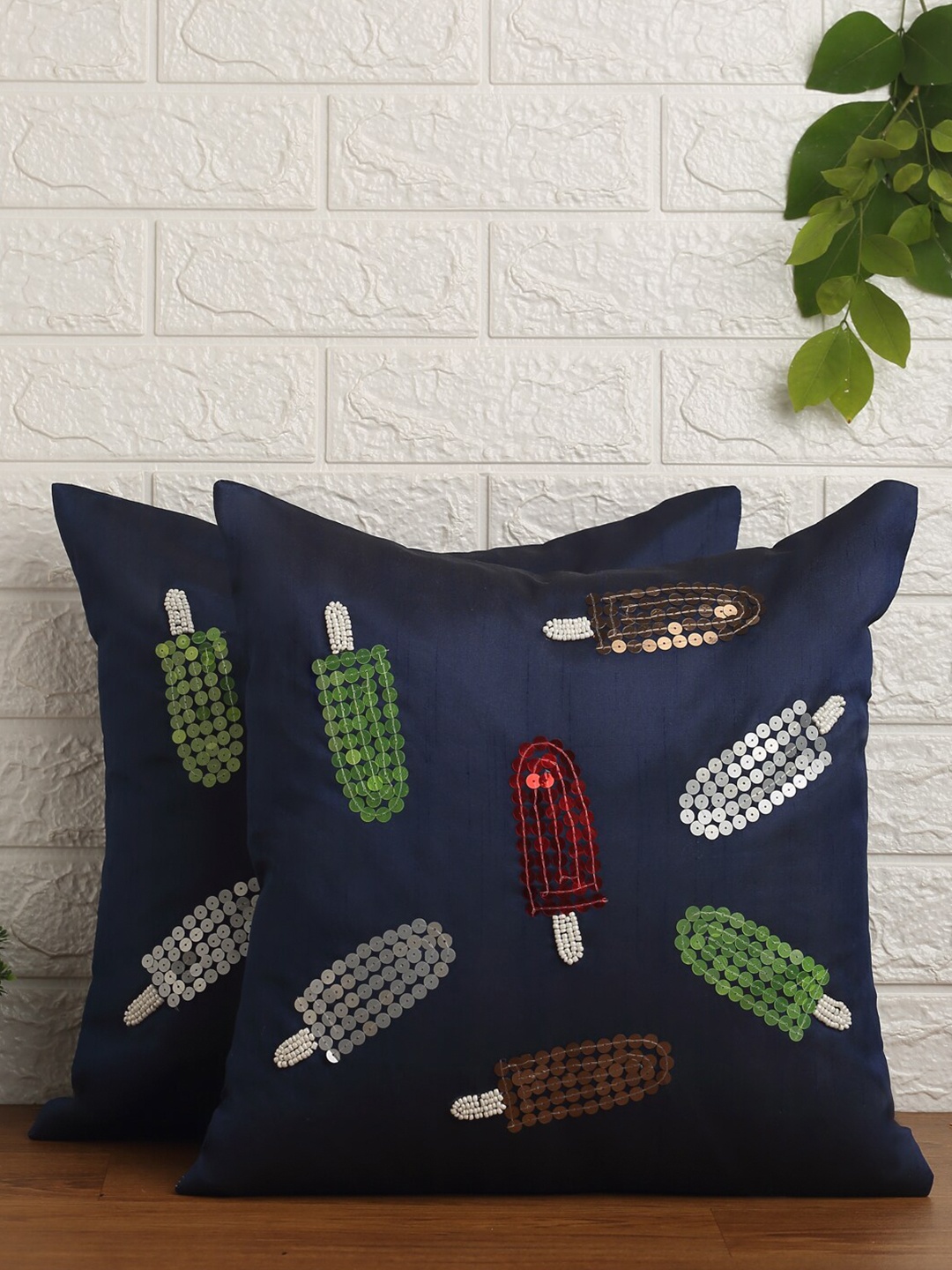 

Alina decor Navy Blue & White Set of 2 Embellished Square Cushion Covers