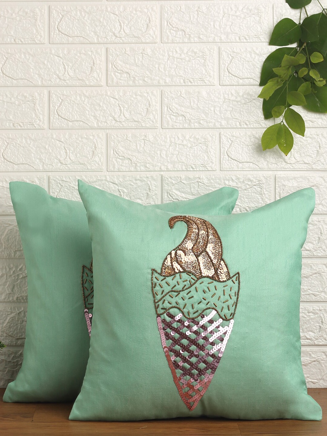 Alina decor Sea Green & Gold-Toned Set of 2 Embellished Square Cushion Covers