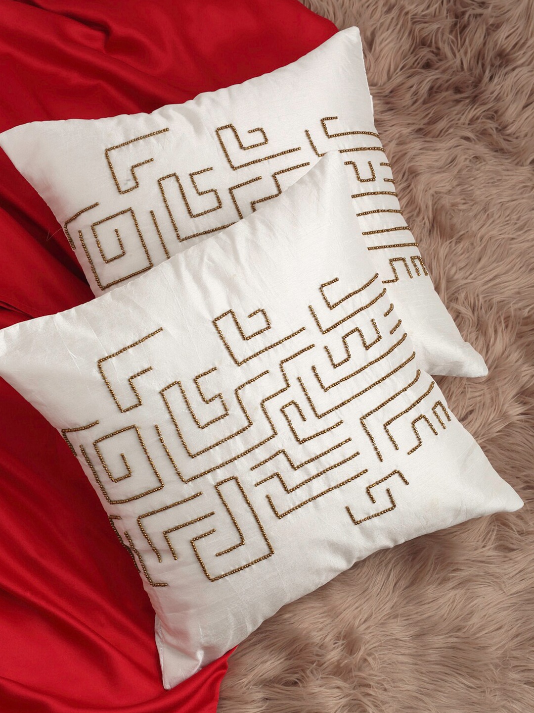 

Alina decor White & Copper-Toned Set of 2 Embellished Square Cushion Covers