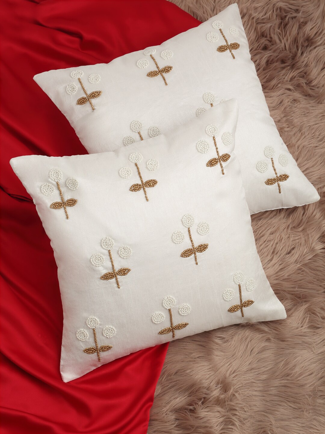 

Alina decor White & Brown Set of 2 Embroidered Square Cushion Covers