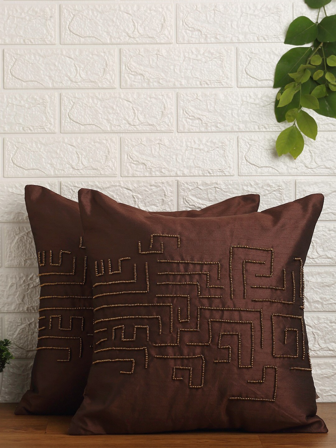 

Alina decor Brown & Copper-Toned Set of 2 Embroidered Square Cushion Covers