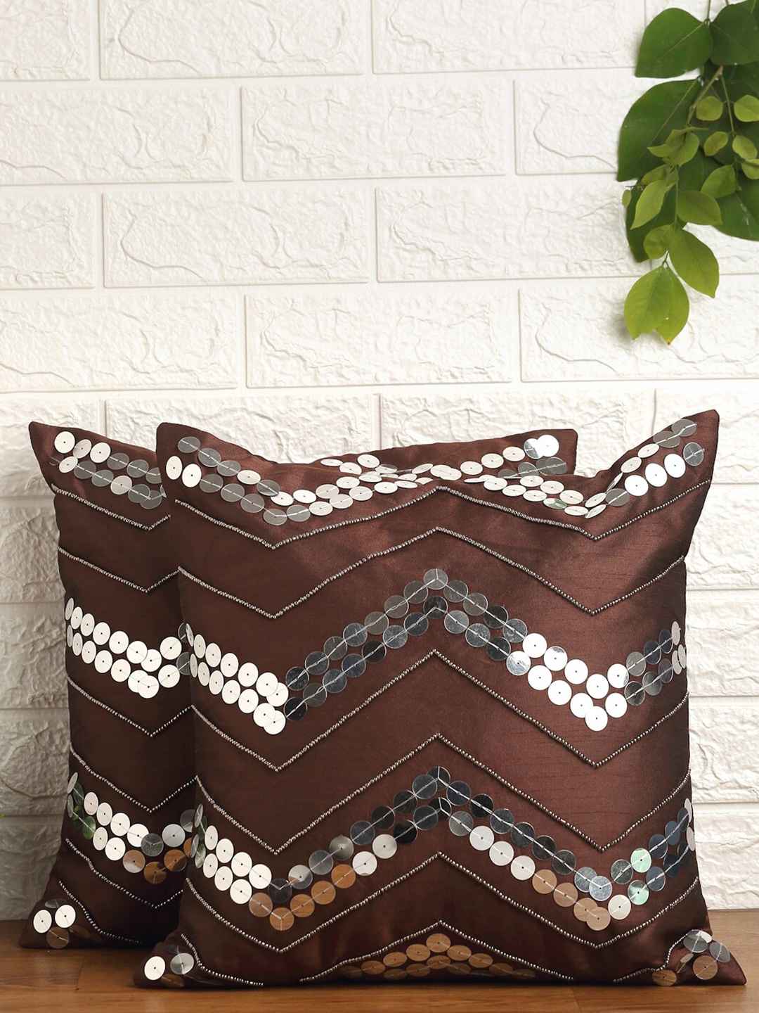 Alina decor Brown & Silver-Toned Set of 2 Embellished Square Cushion Covers