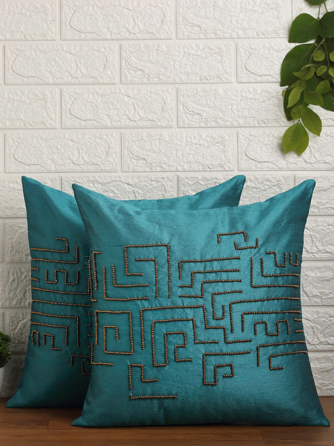 

Alina decor Blue & Copper-Toned Set of 2 Embroidered Square Cushion Covers
