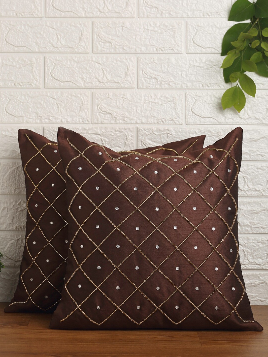 

Alina decor Brown & White Set of 2 Embroidered Square Cushion Covers