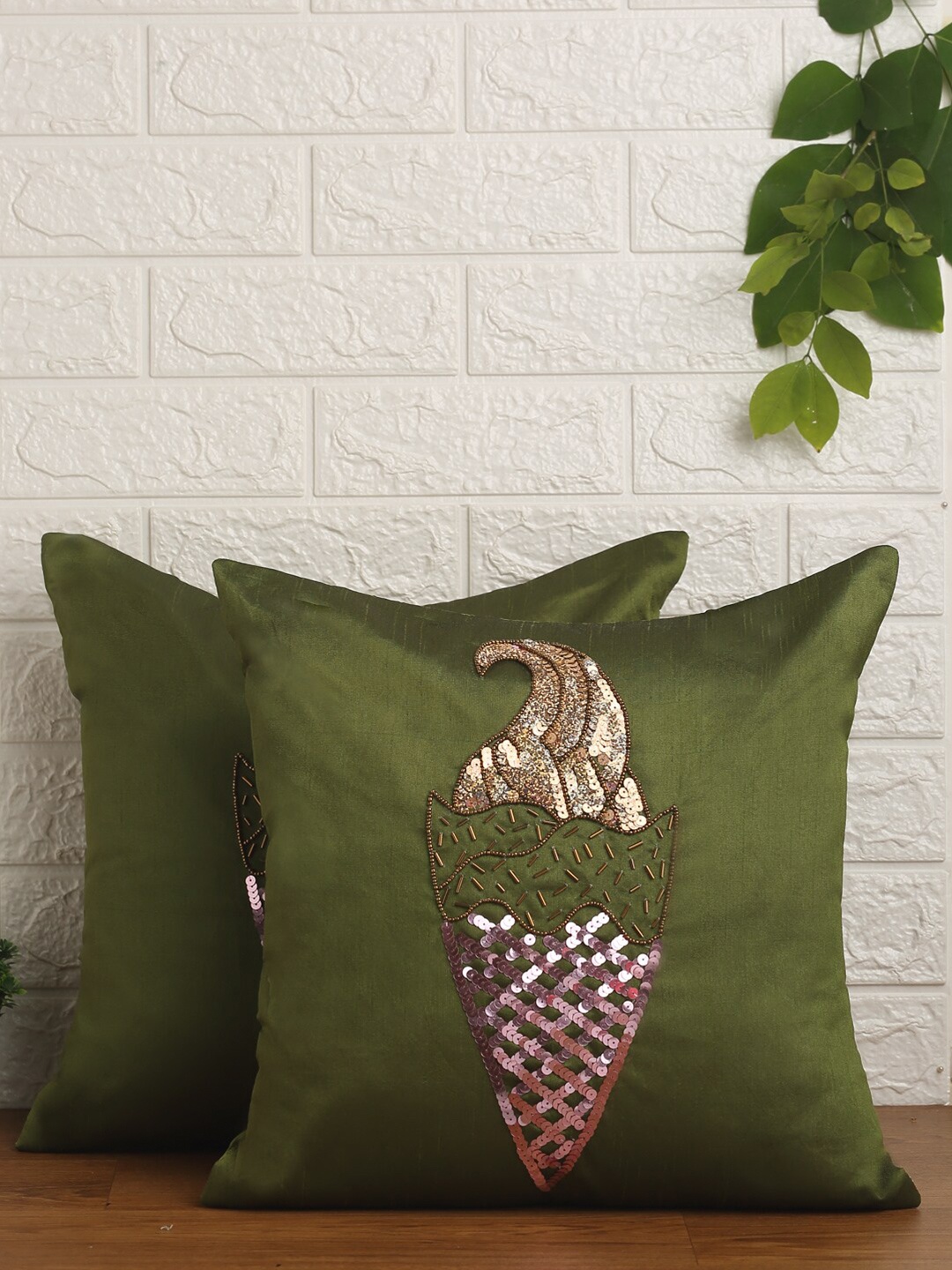 

Alina decor Olive Green & Pink Set of 2 Embellished Square Cushion Covers