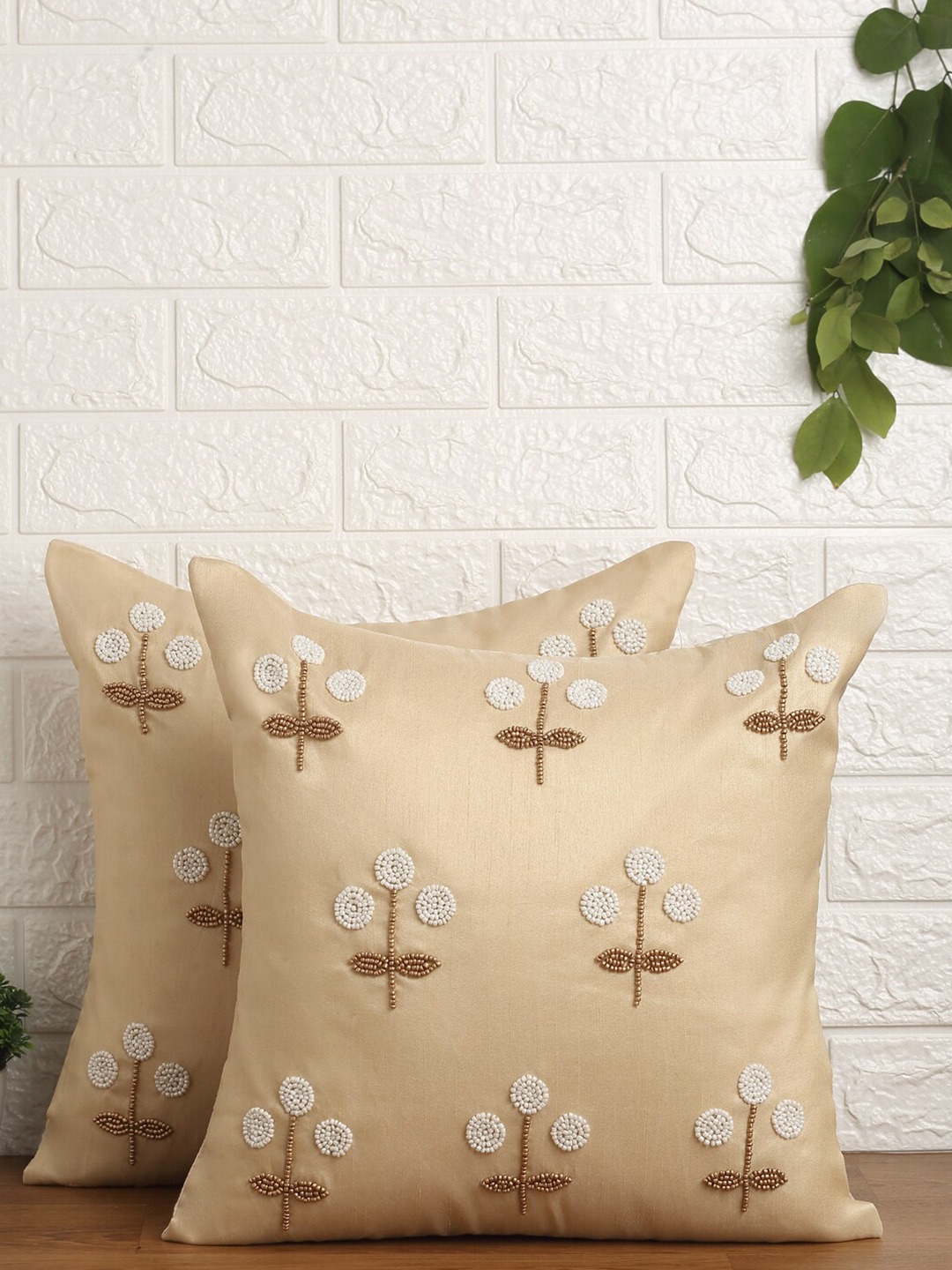 

Alina decor Beige & Brown Set of 2 Embroidered Square Cushion Covers