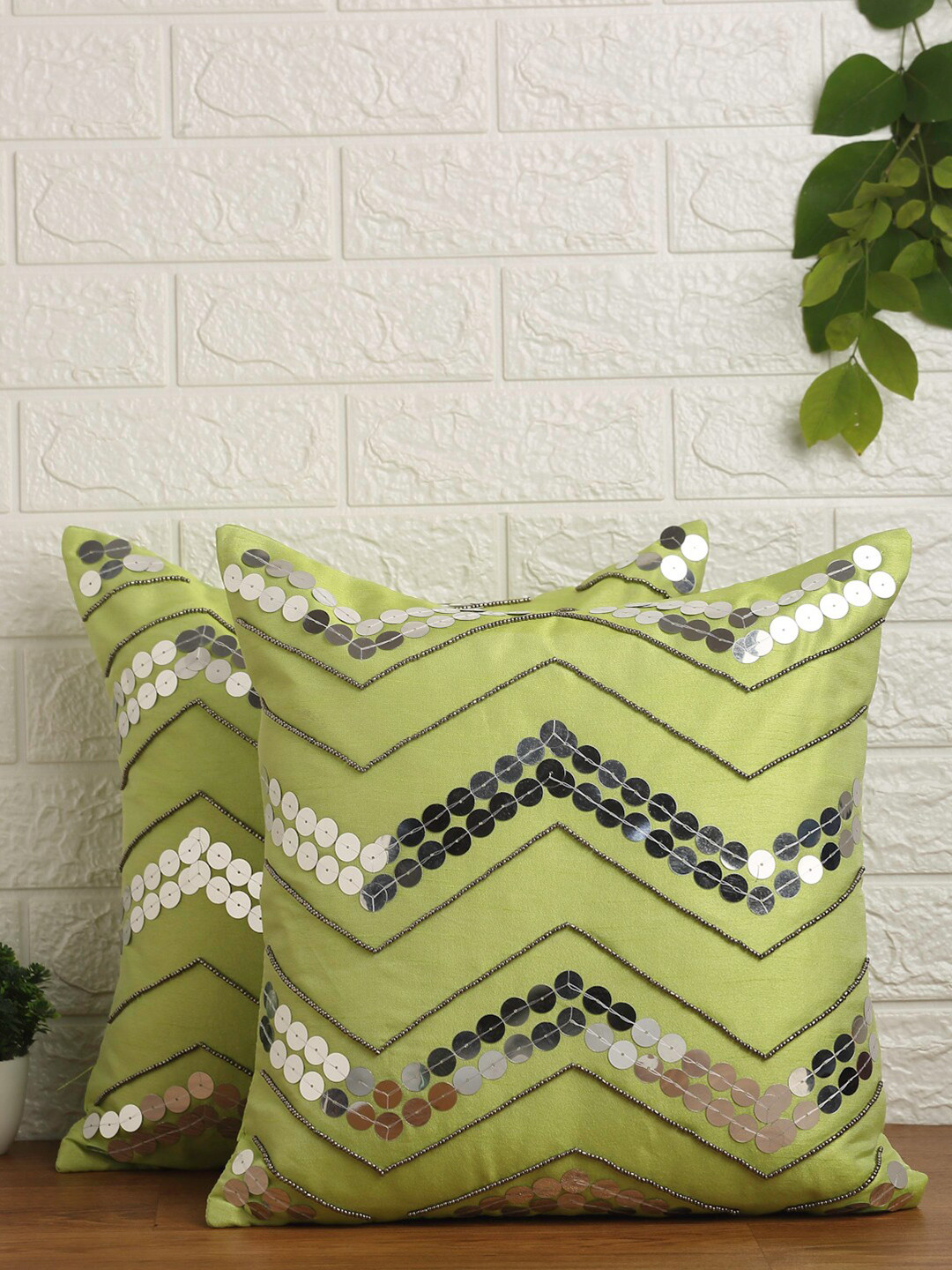 

Alina decor Set of 2 Green Embellished Square Cushion Covers
