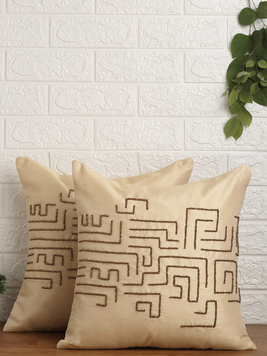 

Alina decor Pack Of 2 Beige Embellished Square Cushion Cover