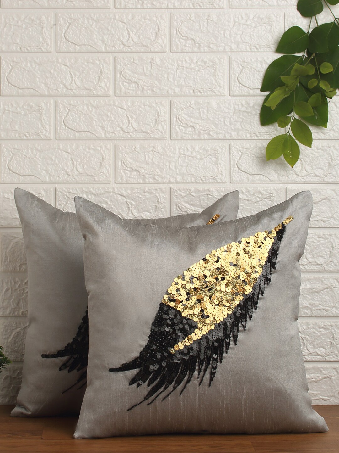 

Alina decor Grey & Black Set of 2 Embroidered Square Cushion Covers