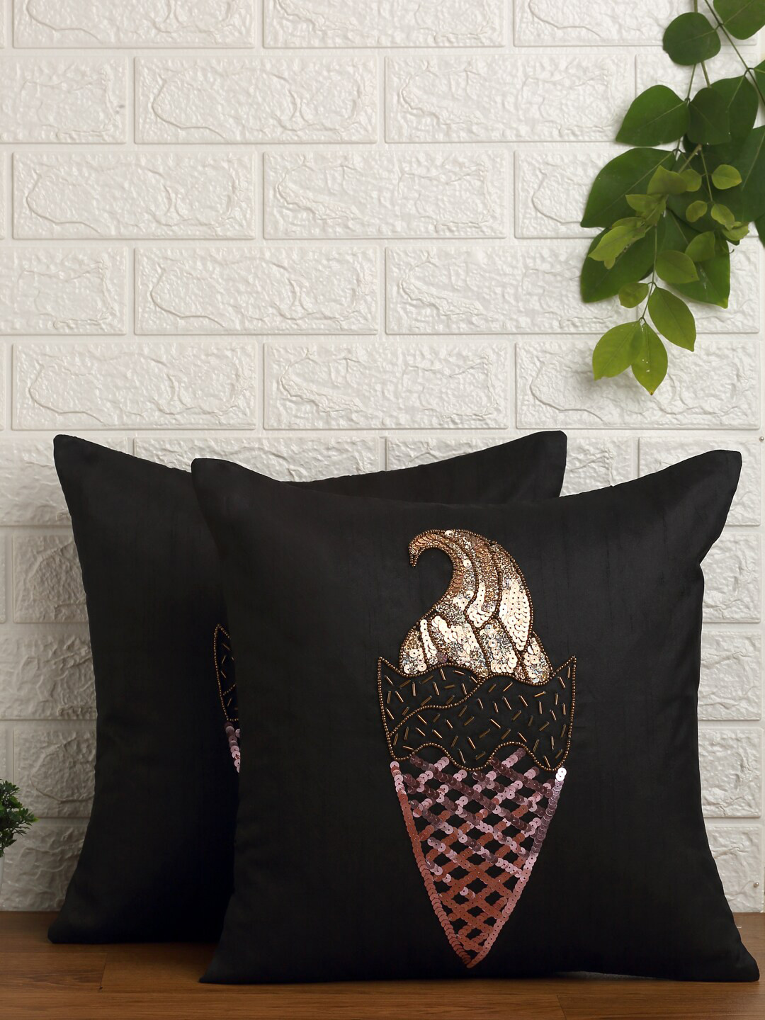 

Alina decor Black & Gold-Toned Set of 2 Embellished Square Cushion Covers