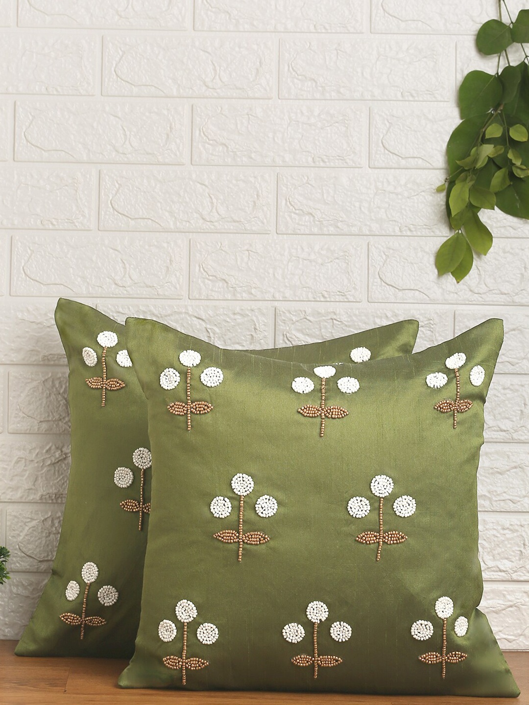 

Alina decor Green & White Set of 2 Embellished Square Cushion Covers