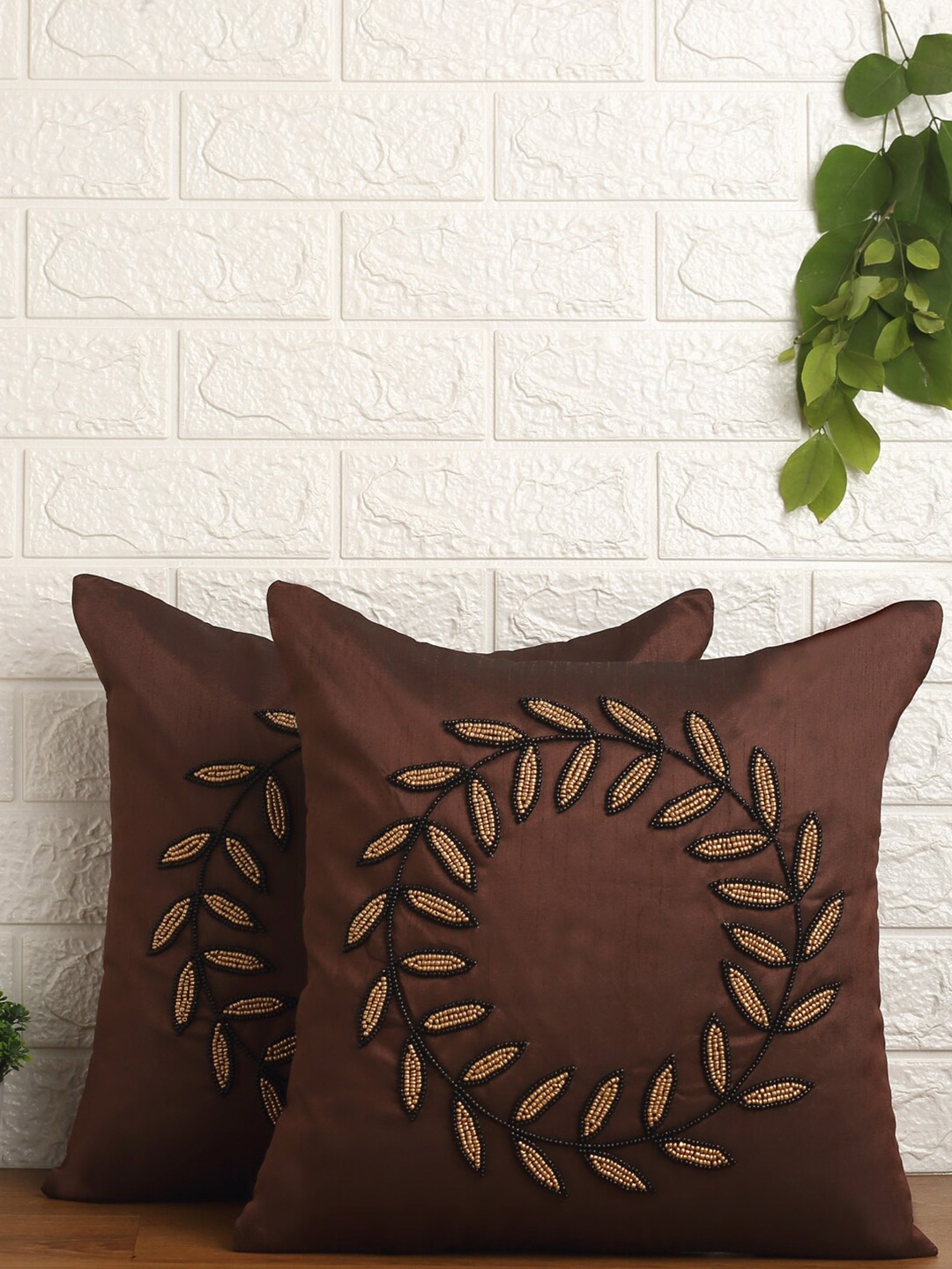Alina decor Brown & Gold-Toned Set of 2 Floral Square Cushion Covers