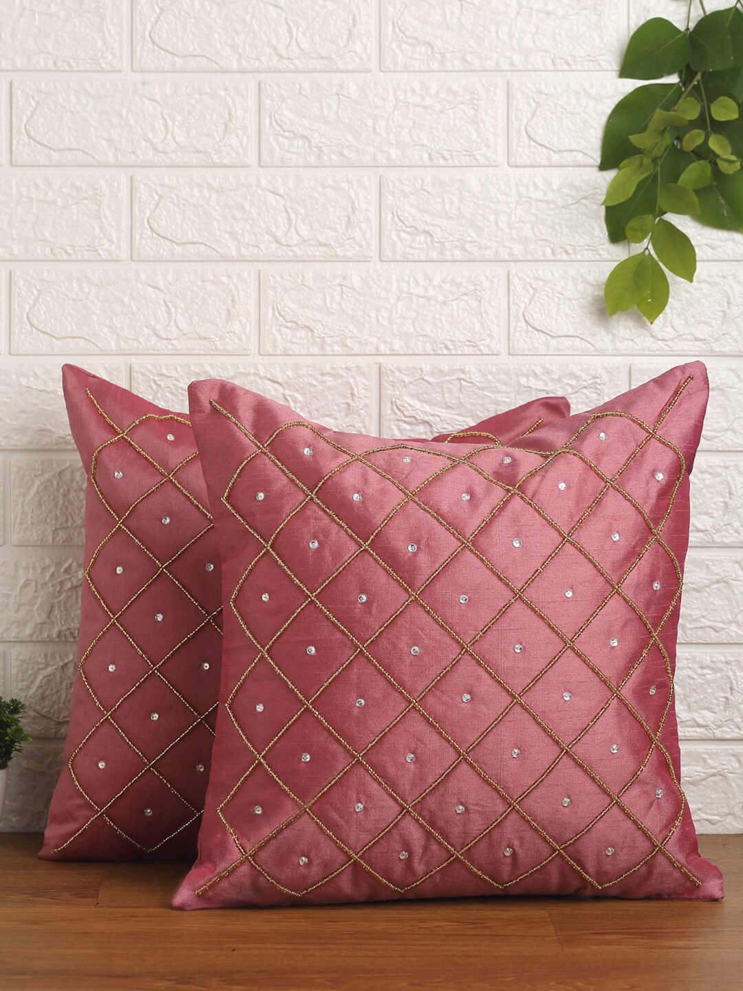 

Alina decor Pink & White Set of 2 Embroidered Square Cushion Covers