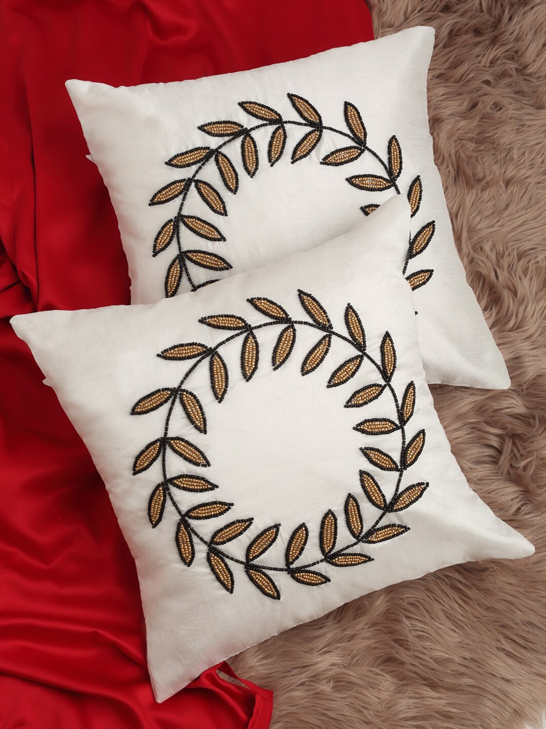 

Alina decor White & Brown Set of 2 Embroidered Square Cushion Covers