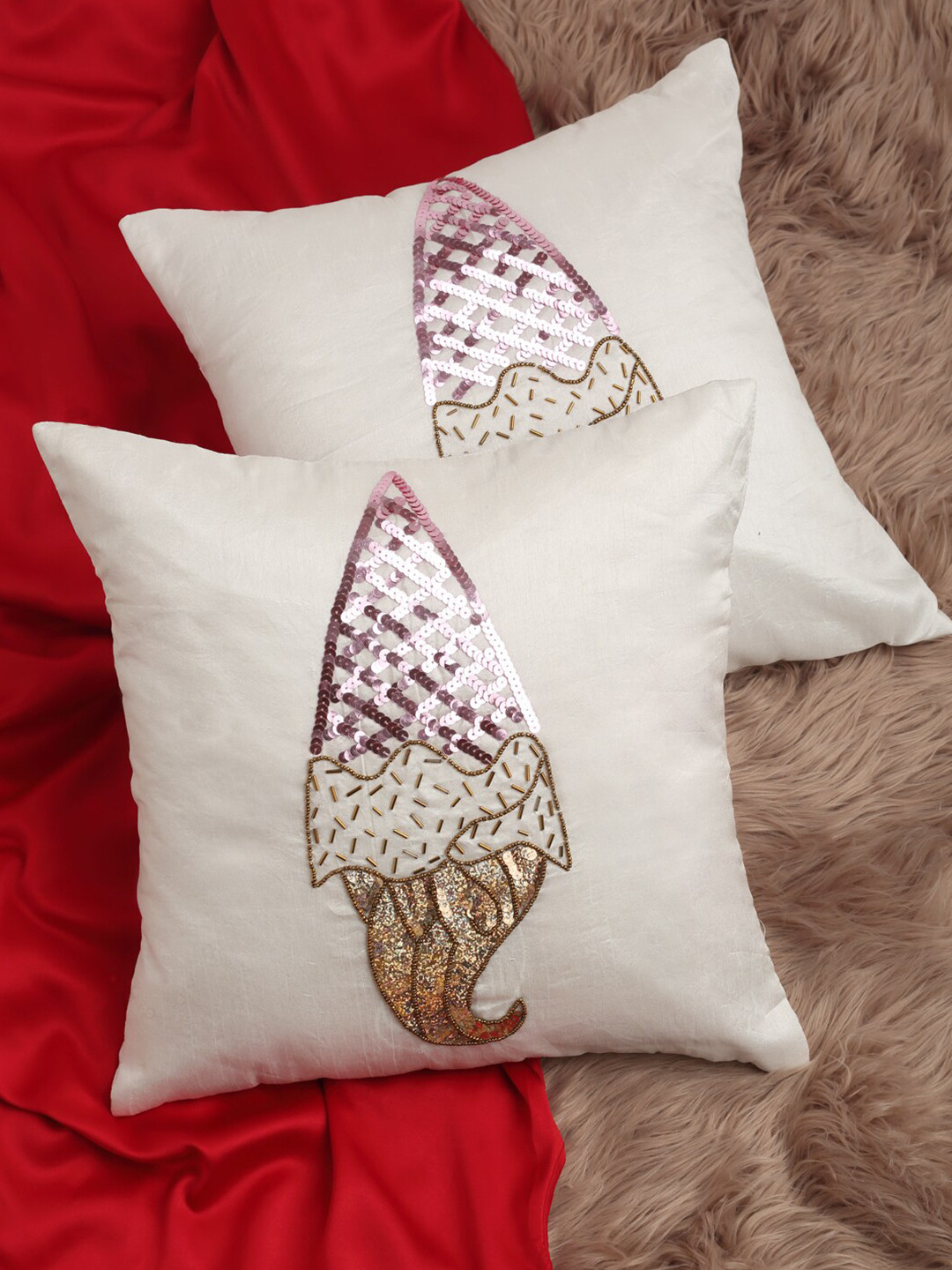 

Alina decor White & Copper-Toned Set of 2 Embroidered Square Cushion Covers