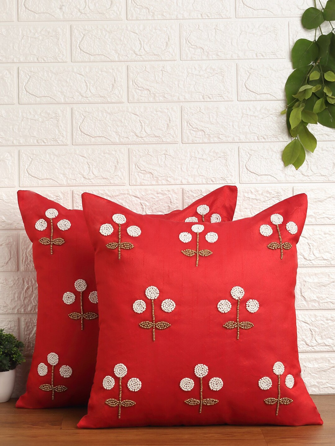 

Alina decor Red & White Set of 2 Embroidered Square Cushion Covers