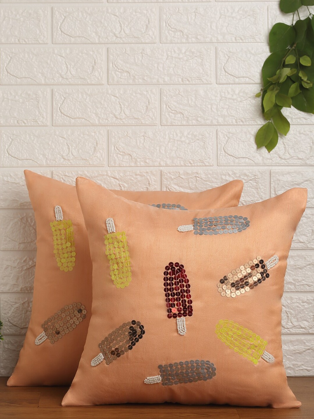 

Alina decor Peach-Coloured & Yellow Set of 2 Embroidered Square Cushion Covers