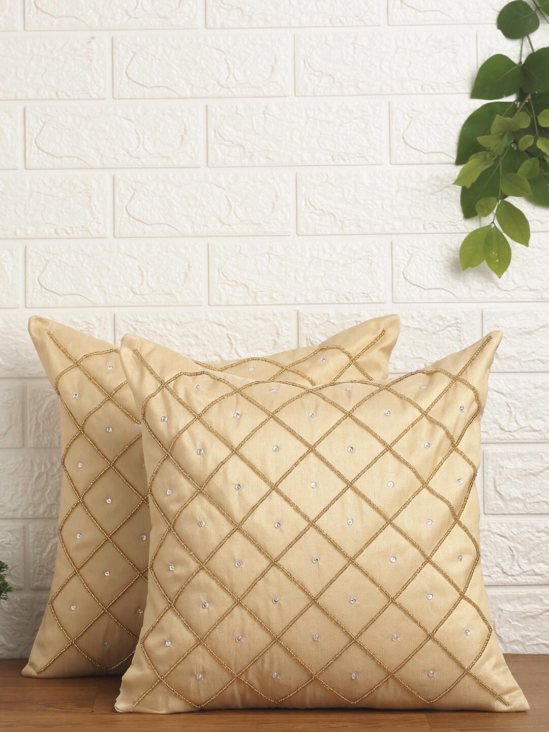 Alina decor Beige & White Set of 2 Embroidered Square Cushion Covers