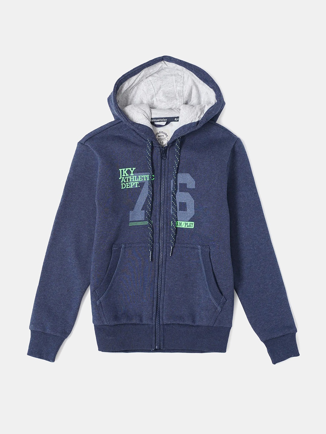 

Jockey Boys Super Combed Cotton Rich Fleece Fabric Printed Full Sleeve Hoodie Jacket-AB37, Blue