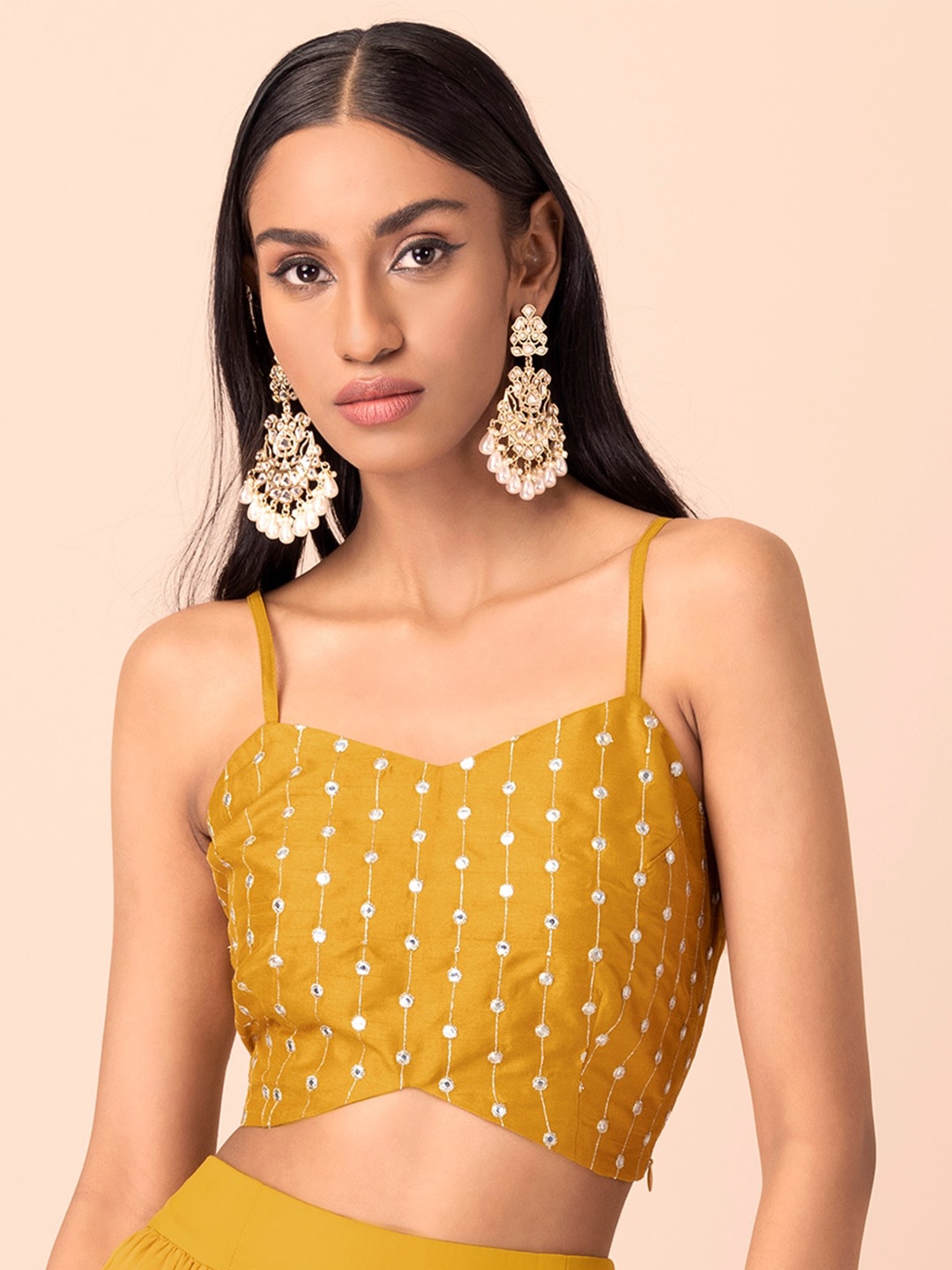 

INDYA Mustard Yellow Mirror Embroidered Strappy Crop Top