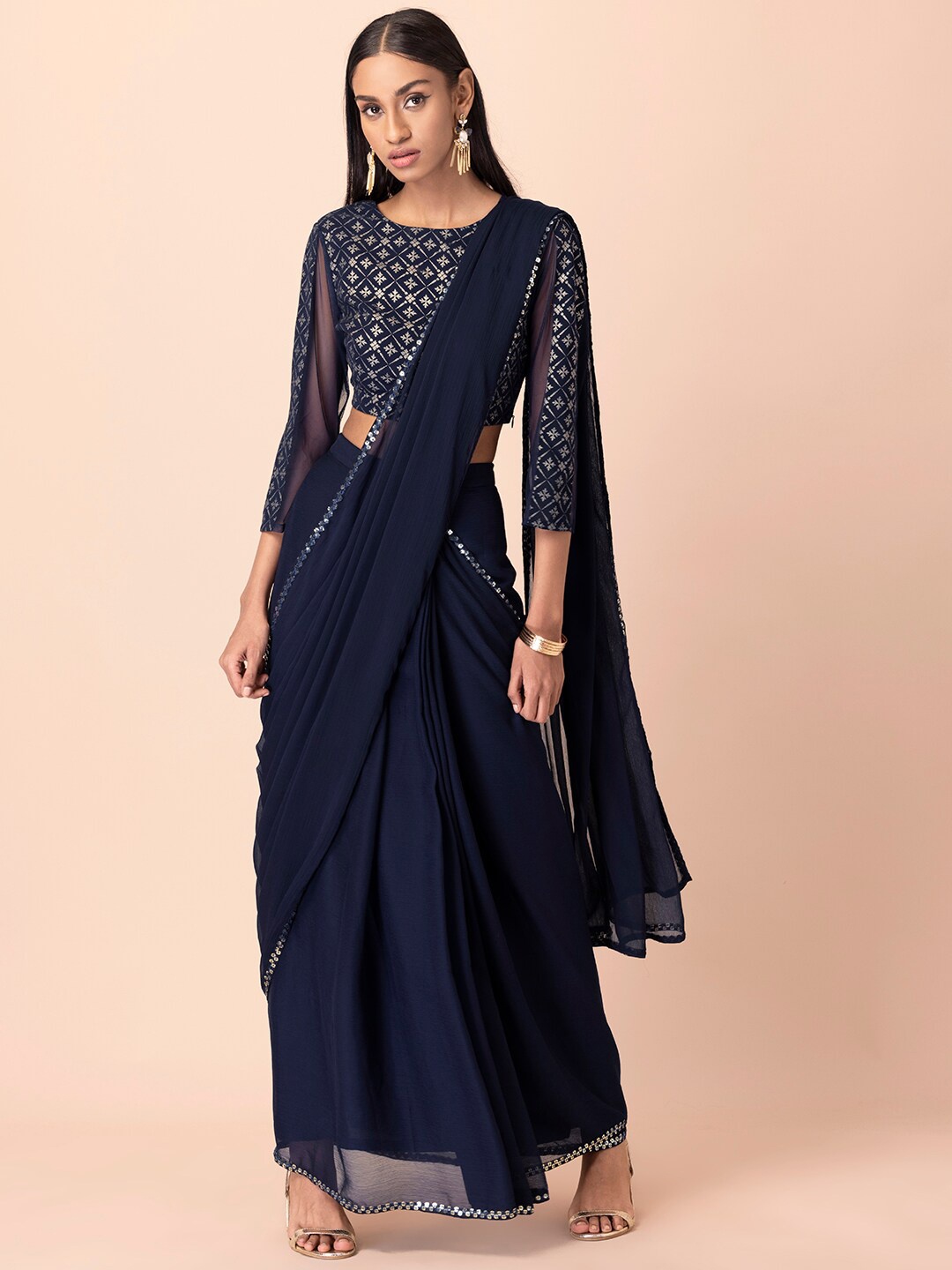 

INDYA Blue & Silver-Toned Sequinned Fusion Ready to Wear Saree