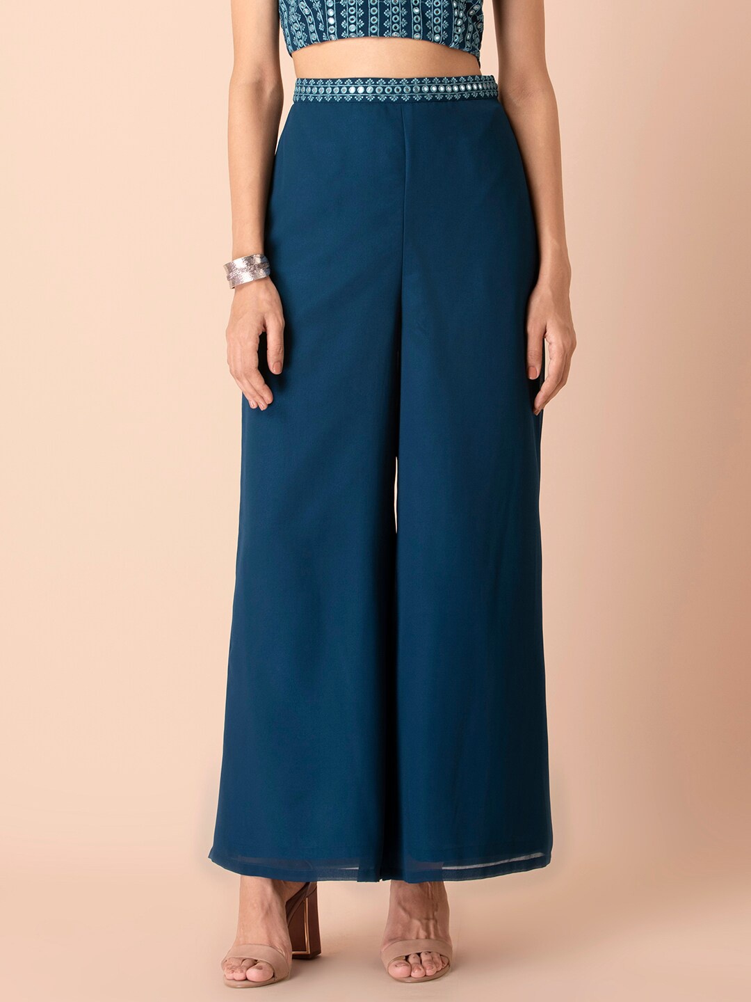

INDYA Women Teal Mirror Belt Palazzo Pants
