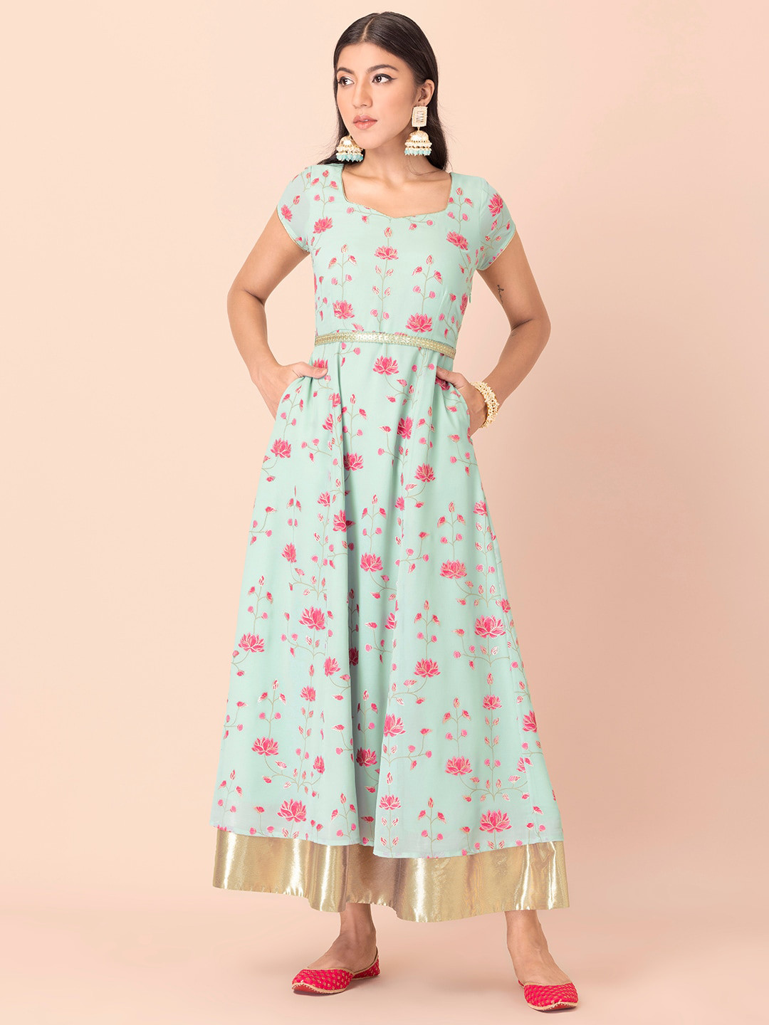 

INDYA Women Green & Pink Ethnic Motifs Belted Georgette Ethnic Maxi Dress
