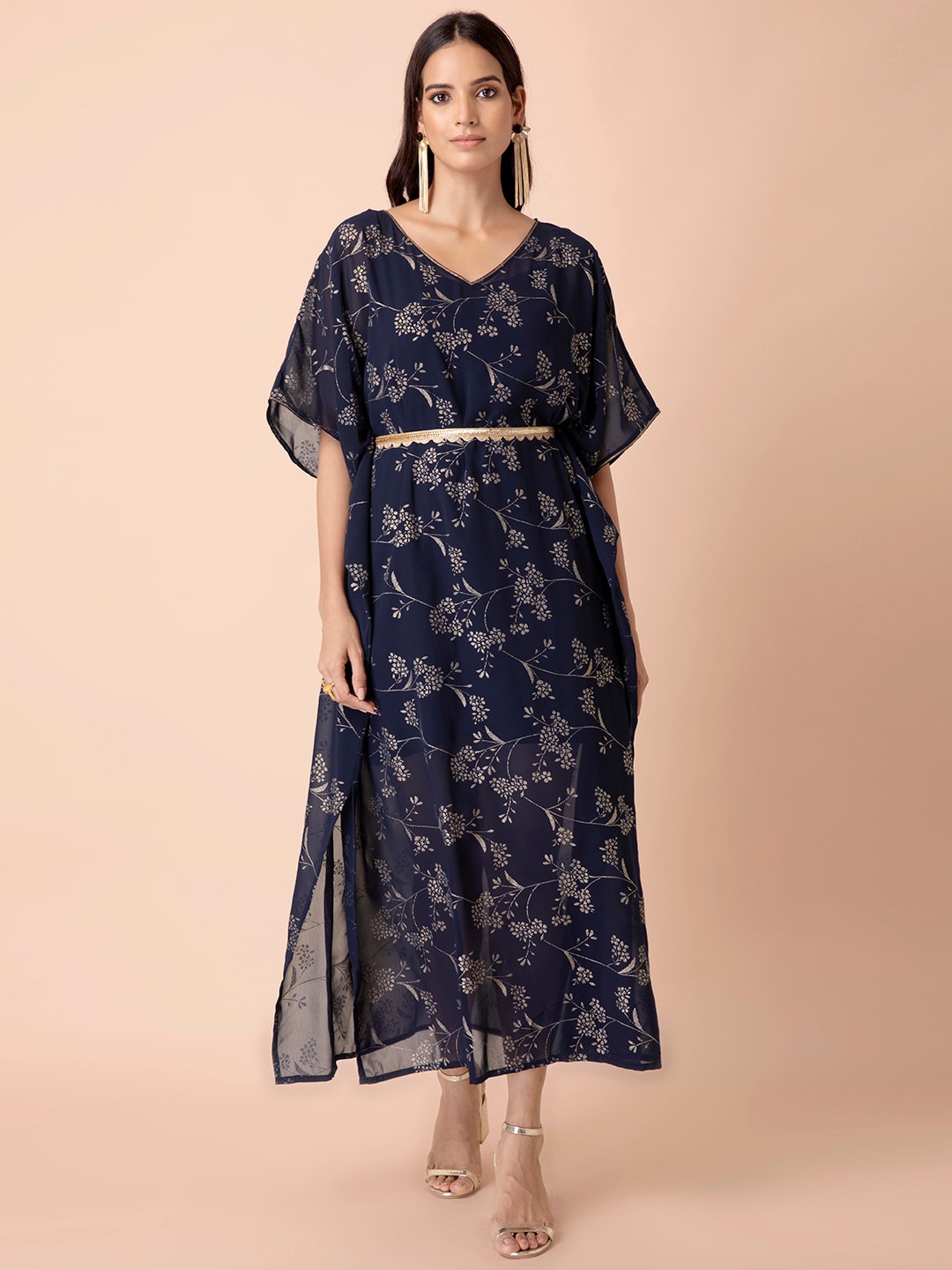 

INDYA Women Blue & Gold-Toned Ethnic Motifs Belted Georgette Kaftan Maxi Dress