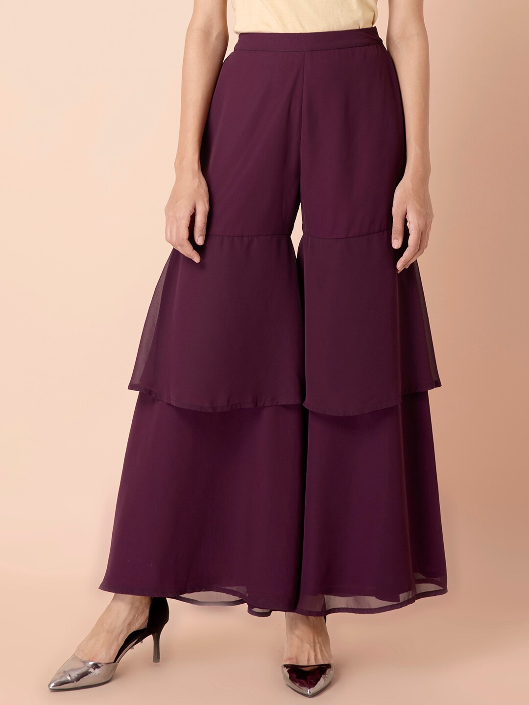

INDYA Women Burgundy Flared Tiered Sharara Georgette Ethnic Palazzos